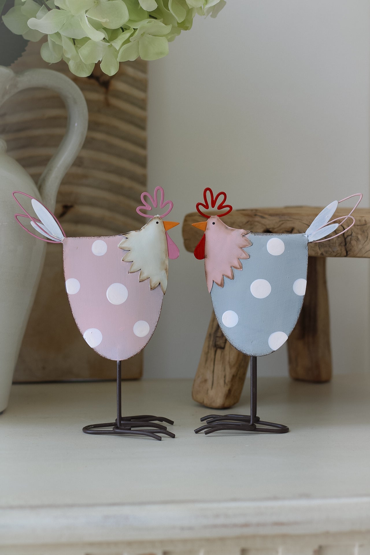 Pink and Grey Metal Chickens | Set of 2