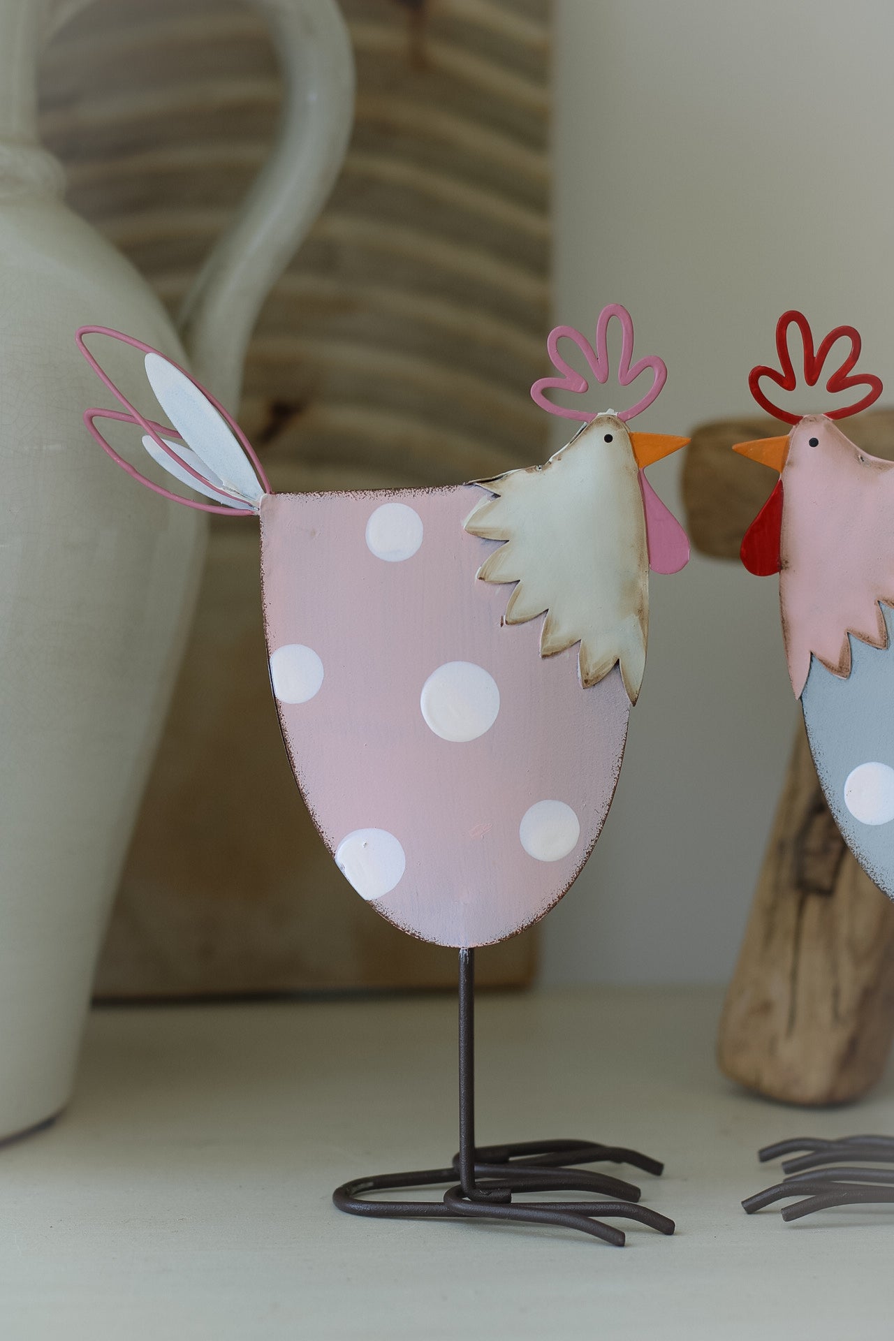 Pink and Grey Metal Chickens | Set of 2