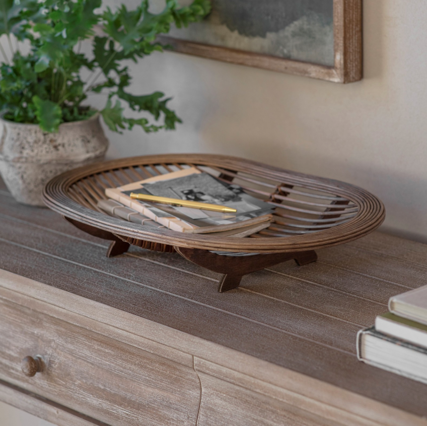 Raised woven cane rounded tray