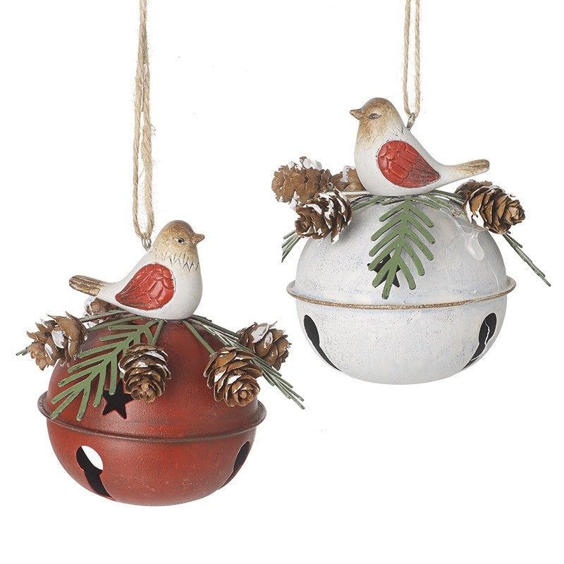 Red and White Metal Bells with Birds | Set of 2