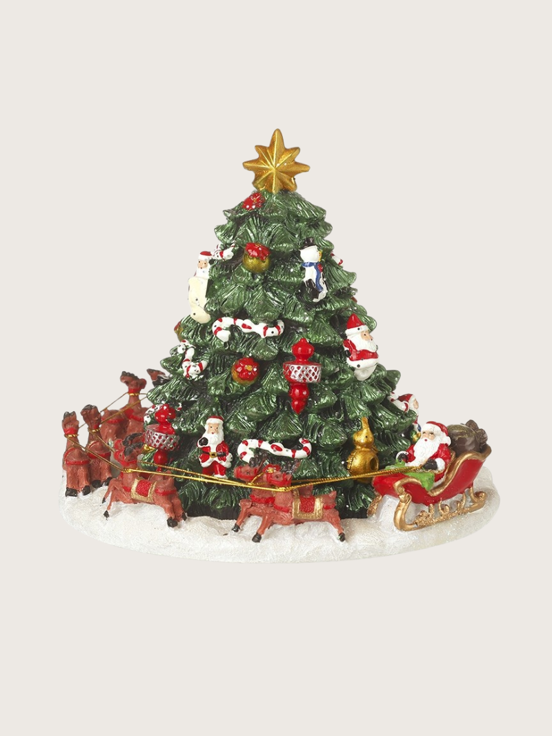 Decorative Christmas scene with a tree, Santa Claus, reindeer, and sleigh on a white background