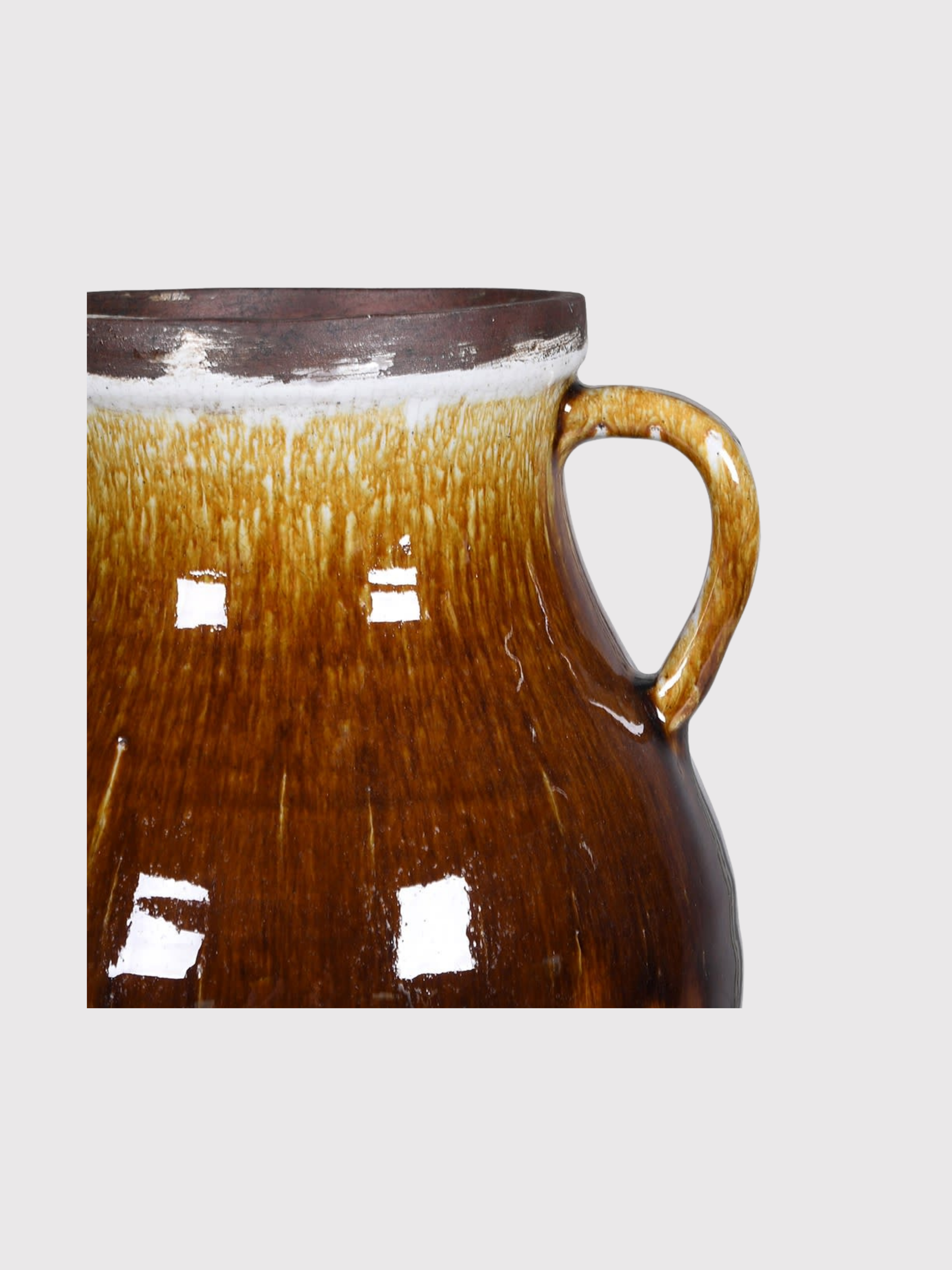 Brown ceramic amphora vase with handle on a white background