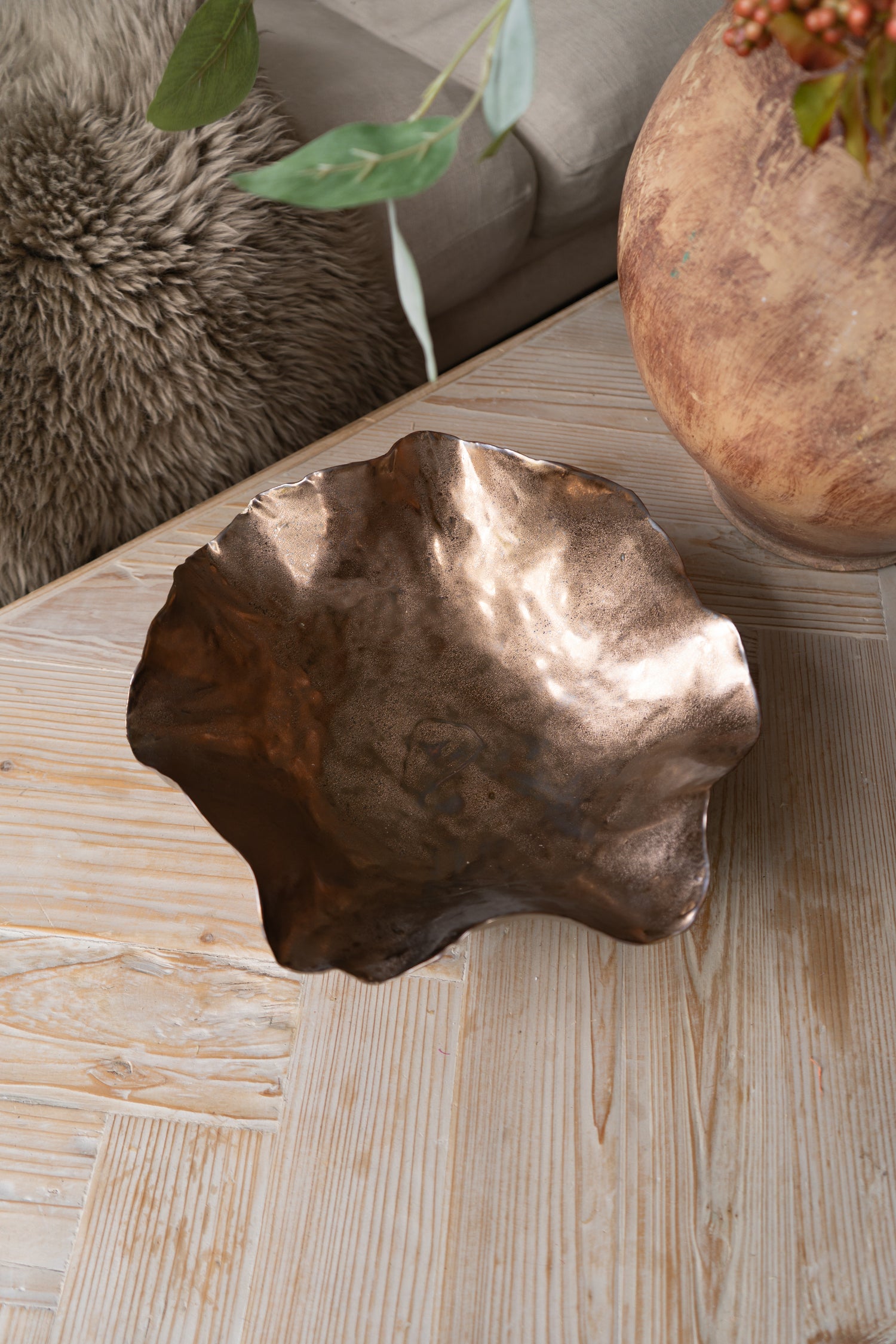 Bronze decorative object on a wooden surface with a plant and textured pillow in the background