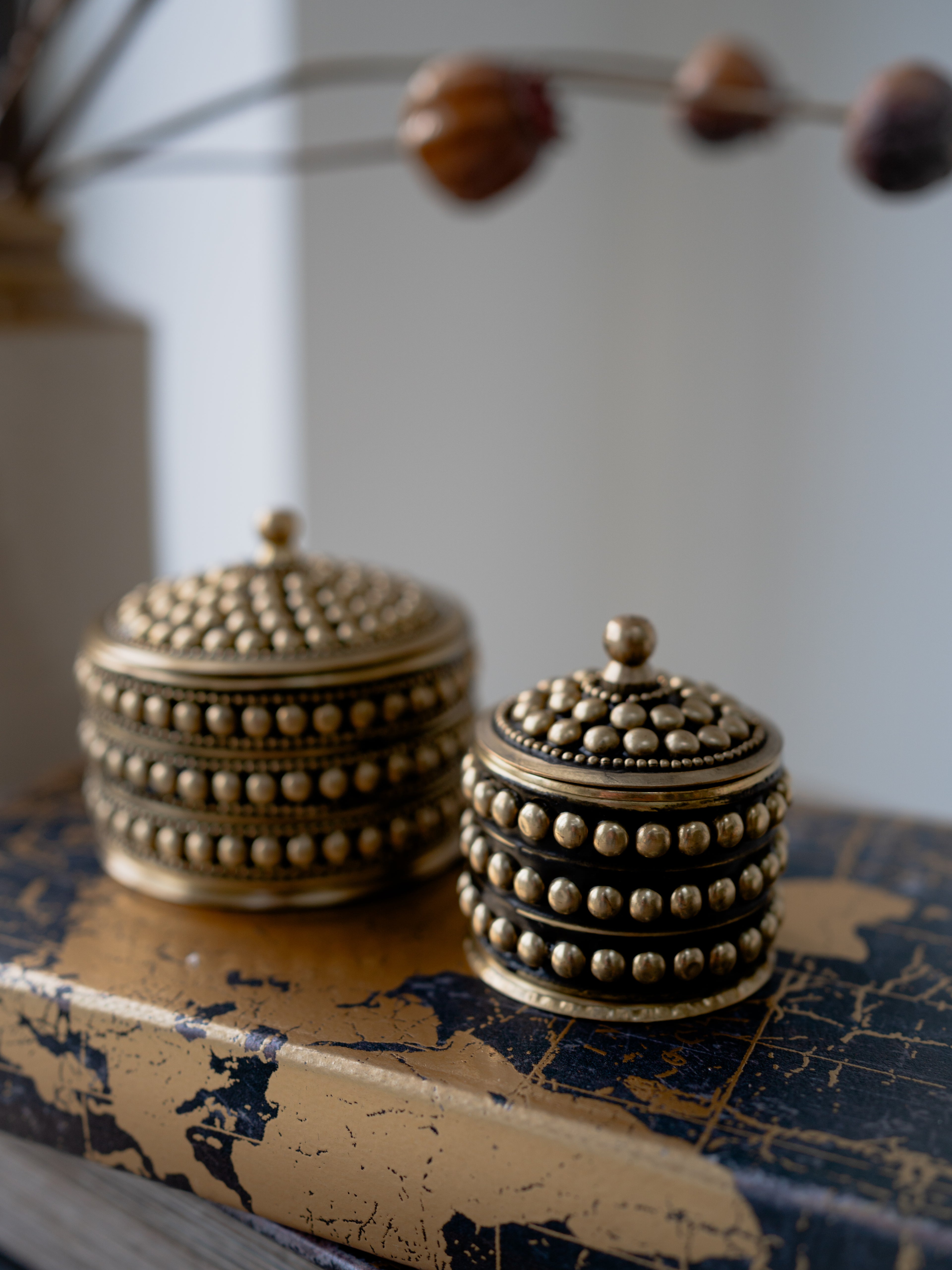 Round Dotted Brass Boxes | Set of 2