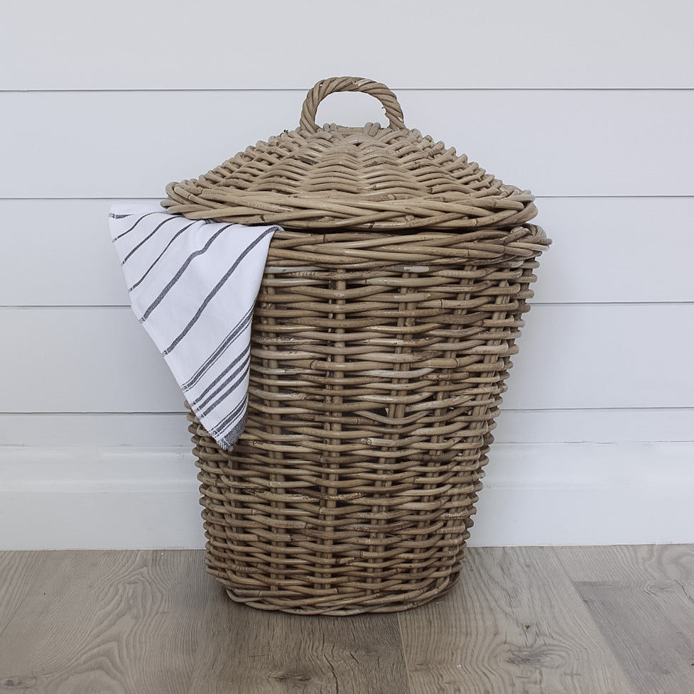 Round Wicker Grey Washed Laundry Basket With Lid