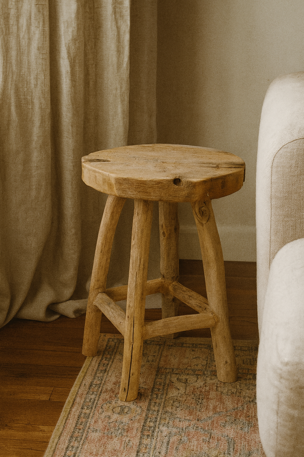Wooden stool in a room with curtains and a rug