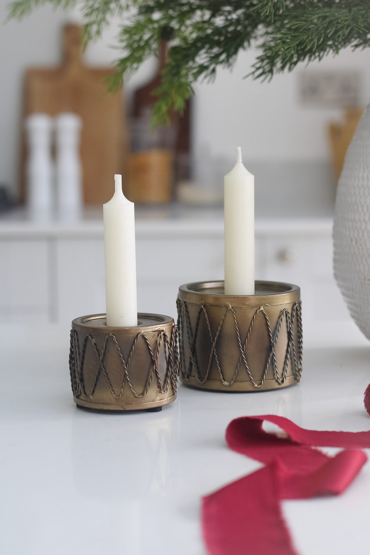 Rustic Gold Metal Drum Dinner Candle Holder