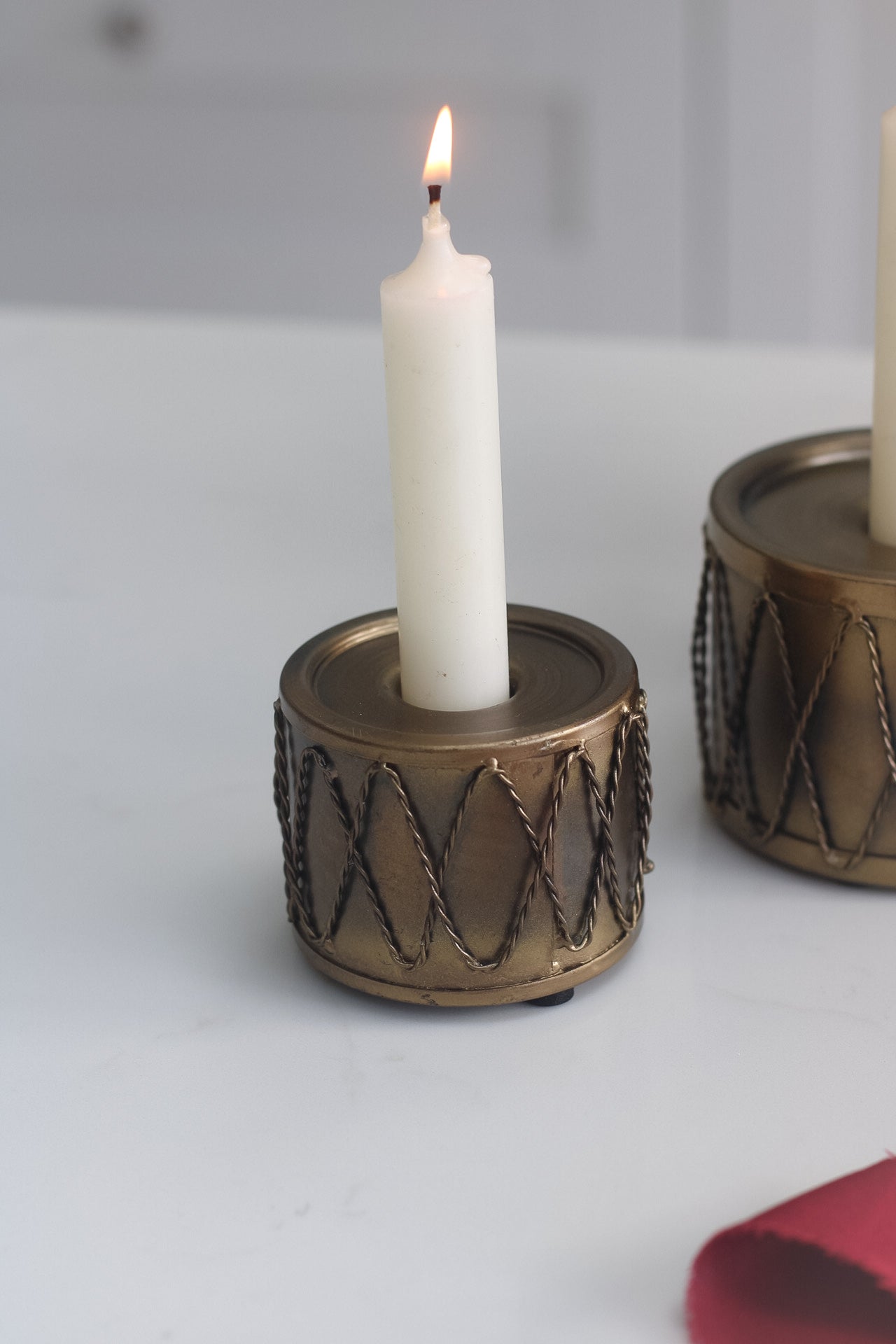 Rustic Gold Metal Drum Dinner Candle Holder