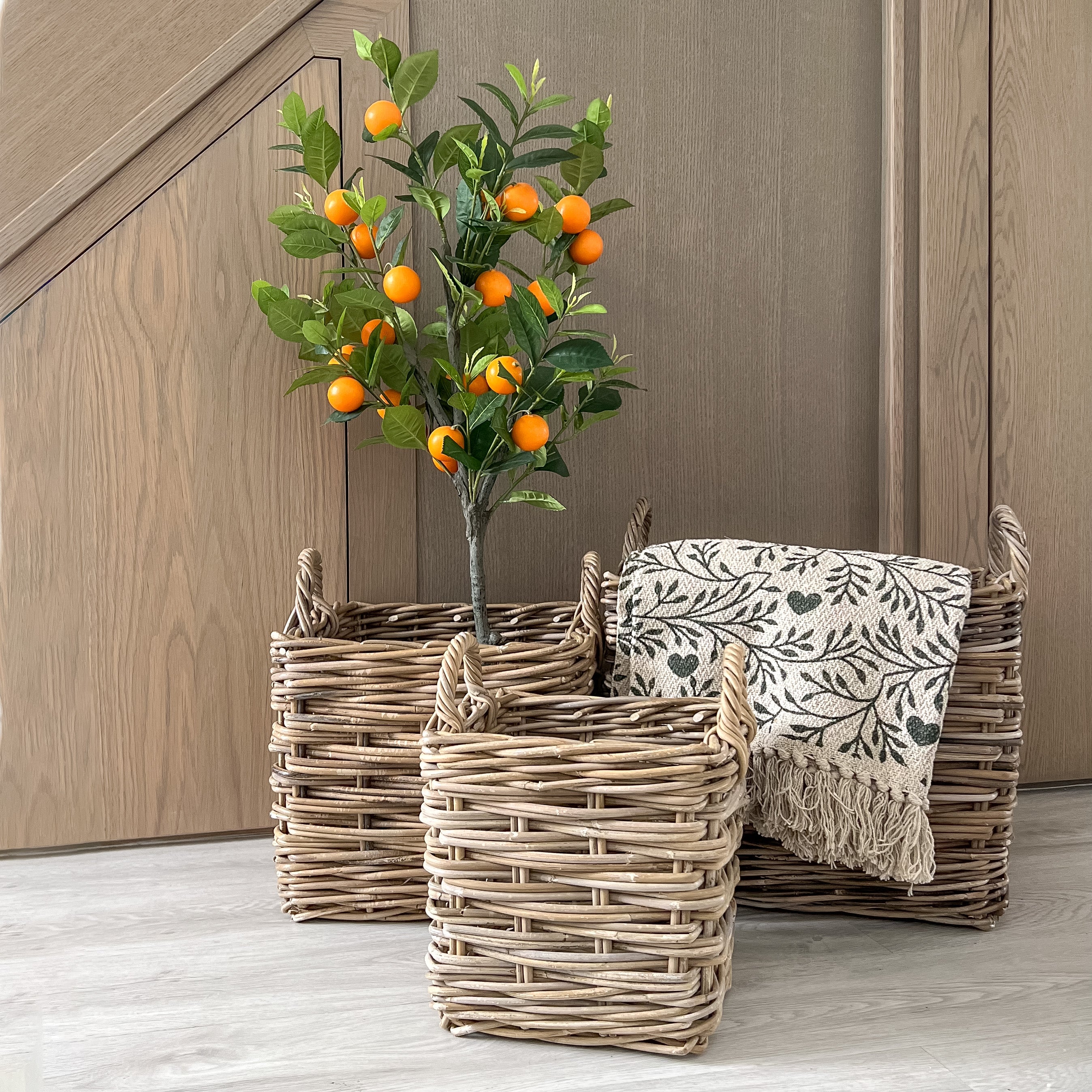 Rustic Grey Washed Rattan Square Storage Basket