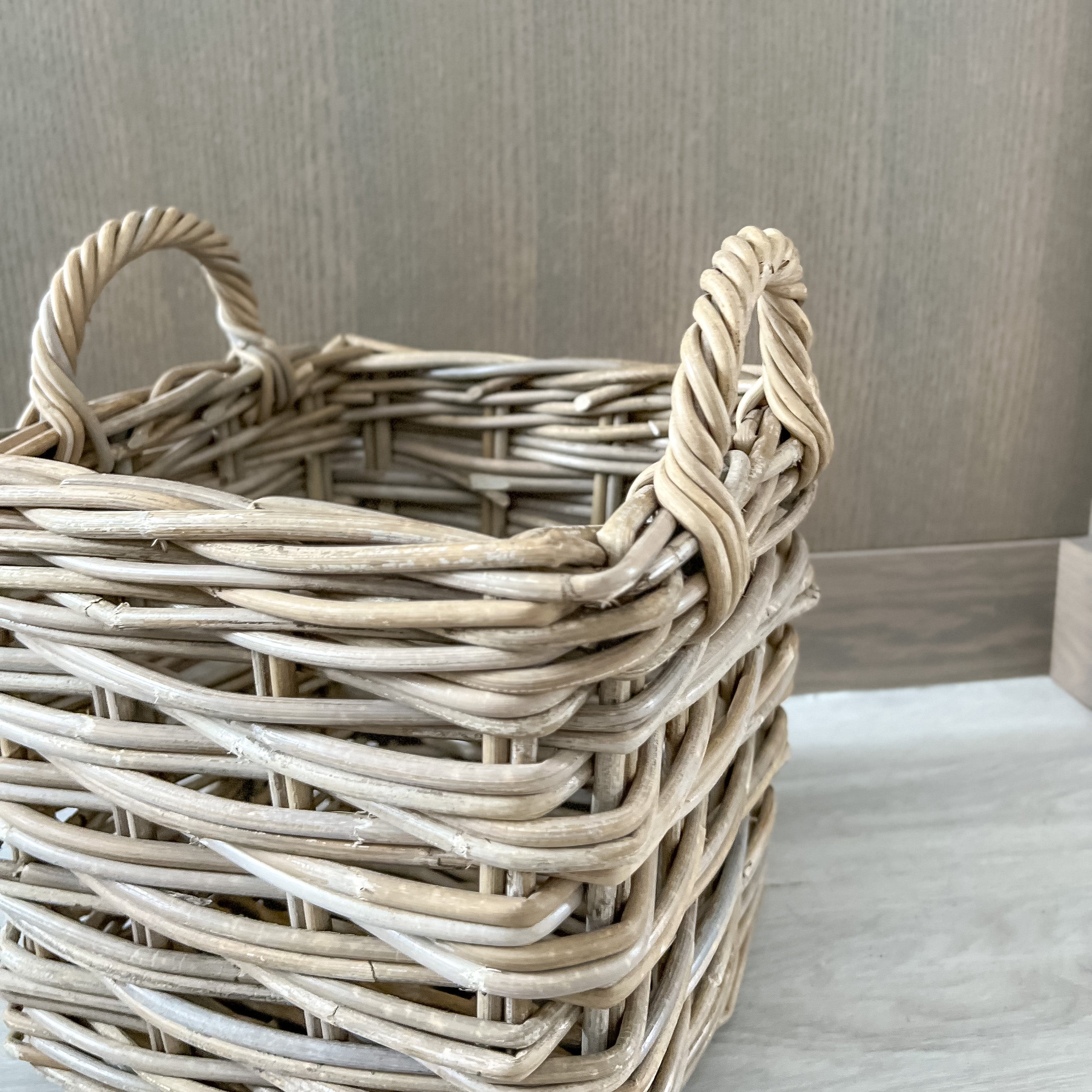 Rustic Grey Washed Rattan Square Storage Basket