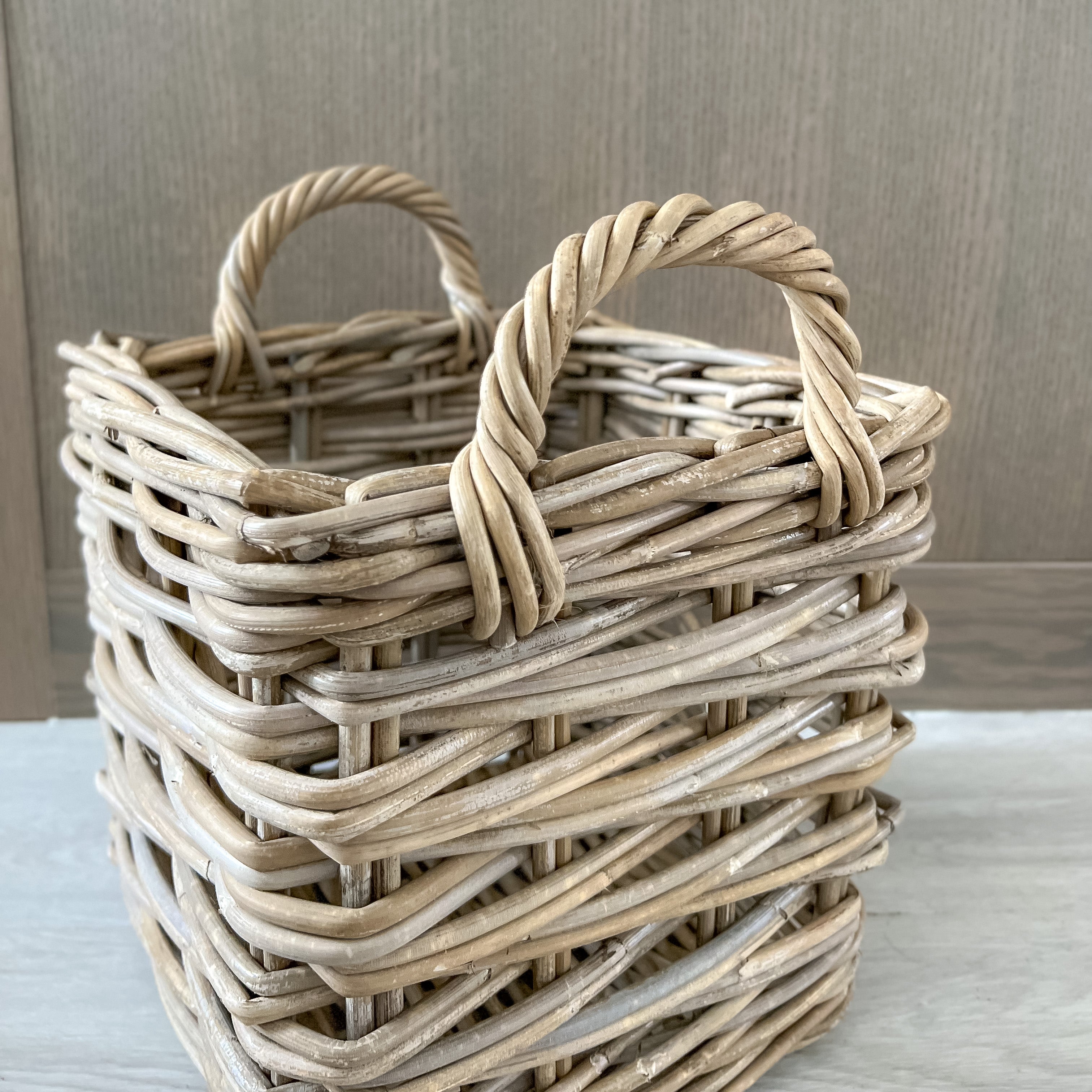 Rustic Grey Washed Rattan Square Storage Basket