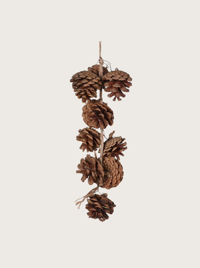 Decorative hanging of pine cones on a beige background