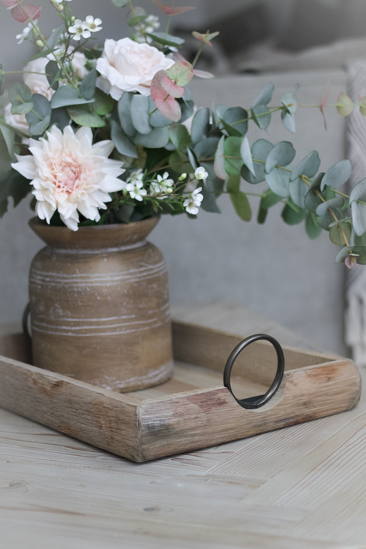 Rustic Wooden Tray with Metal Loop Handles