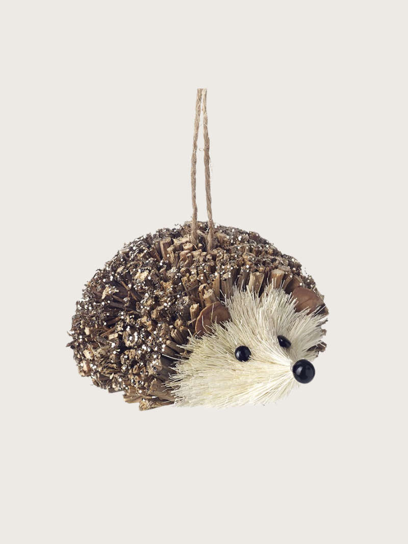 Decorative hedgehog ornament hanging on a string against a light background