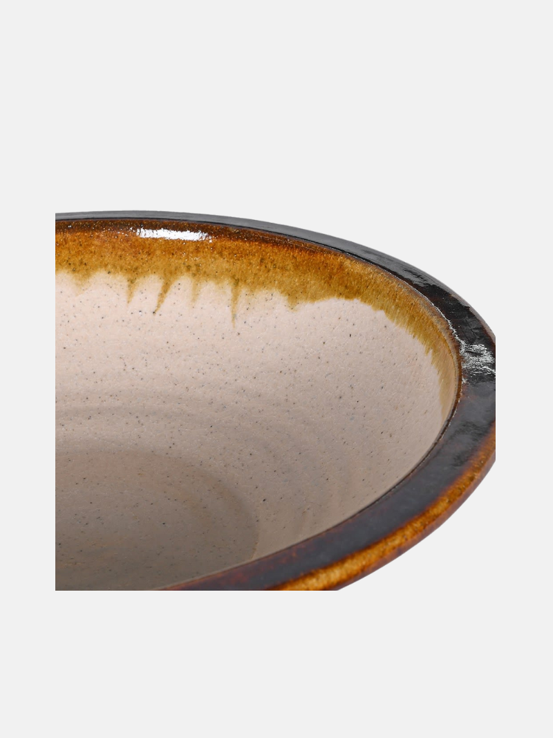 Close-up of a ceramic bowl with a brown rim and beige interior on a white background