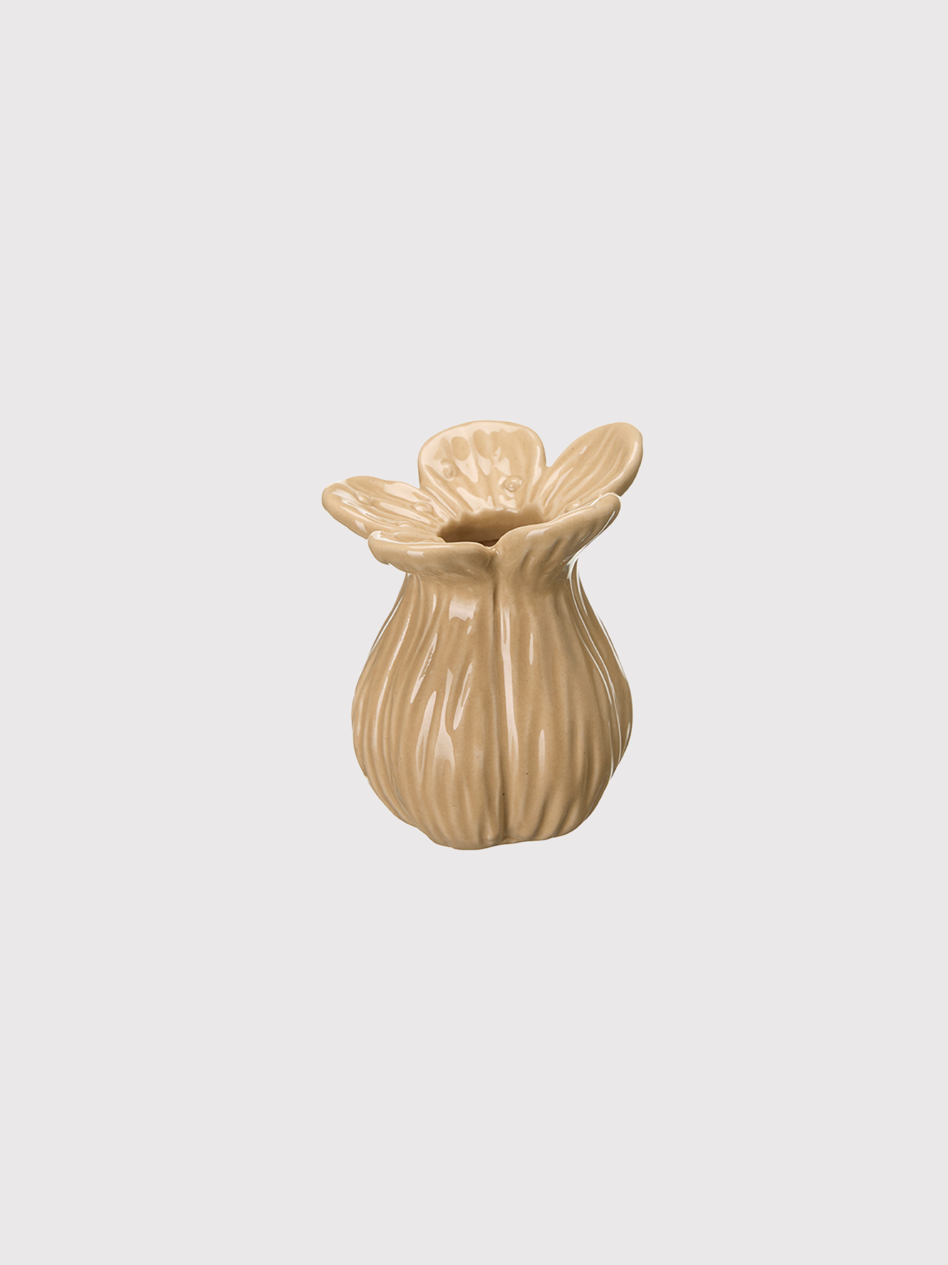 Beige ceramic bud vase with a unique design on a light gray background