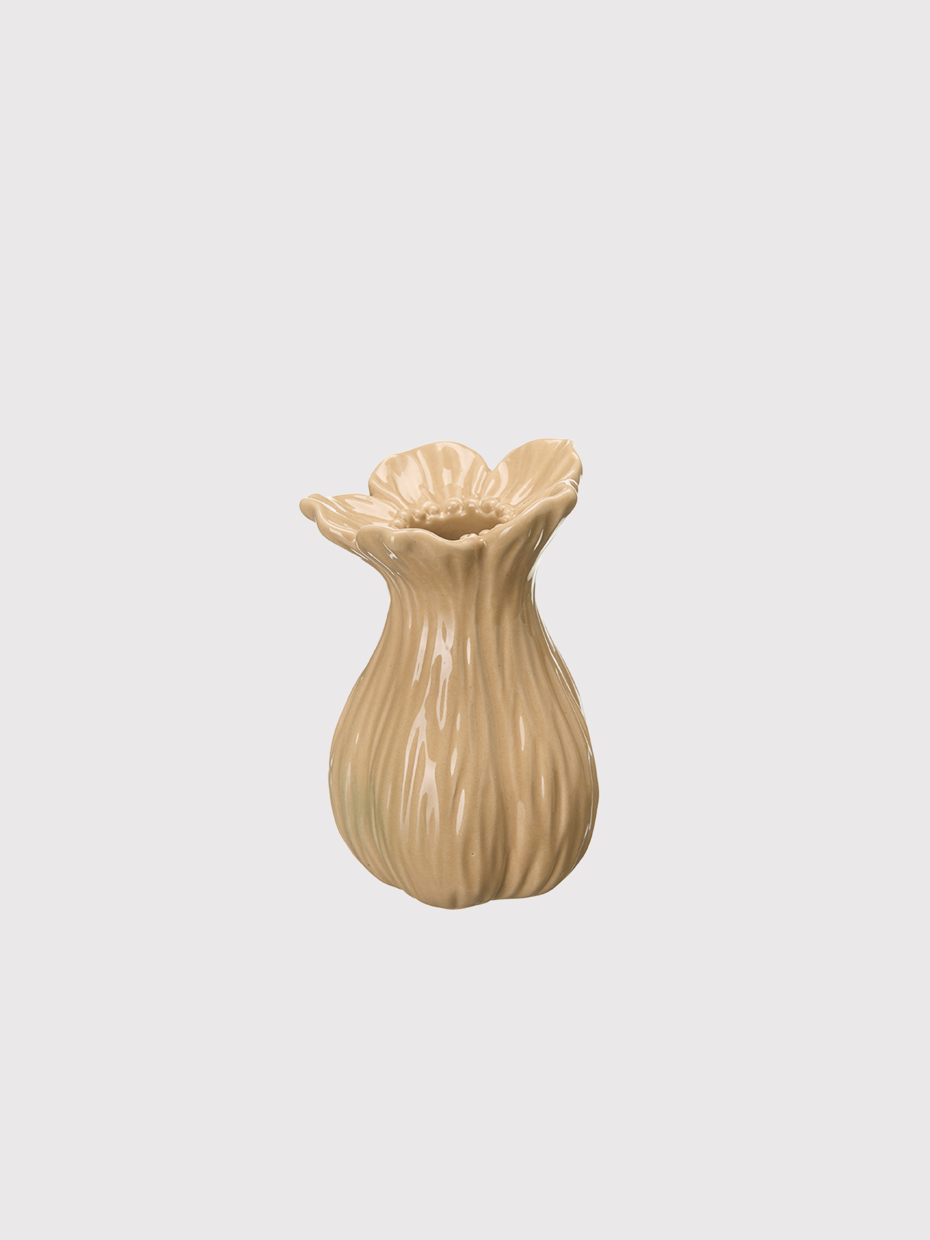 Beige ceramic bud vase with a textured design on a light gray background