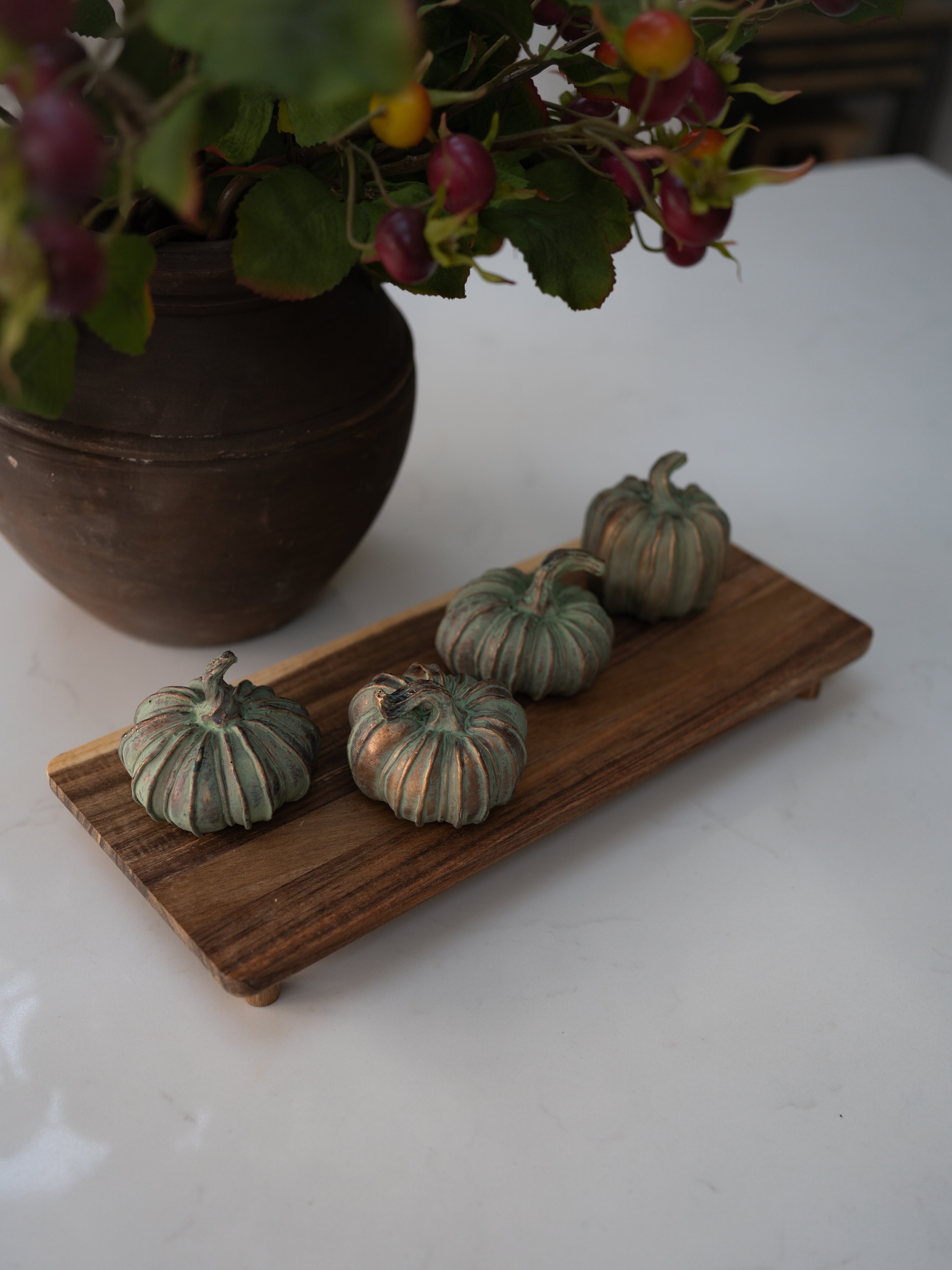 Set of 4 Verdigris Pumpkins on rustic wooden board