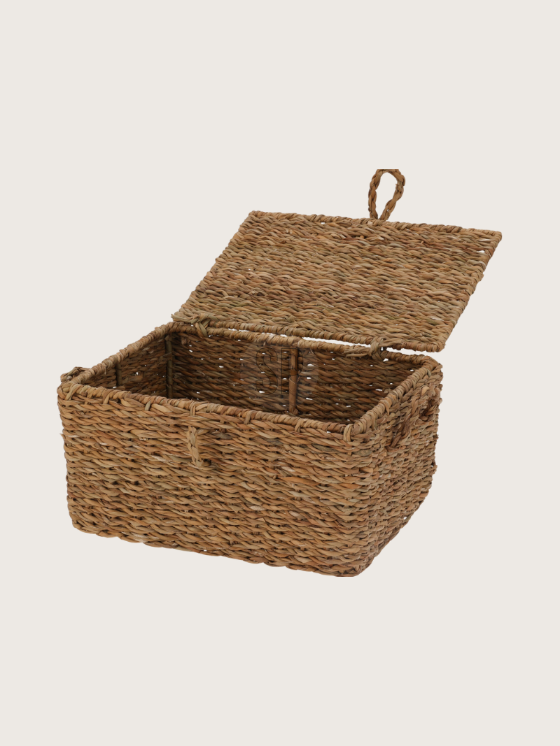 Woven storage basket with a lid on a light beige background