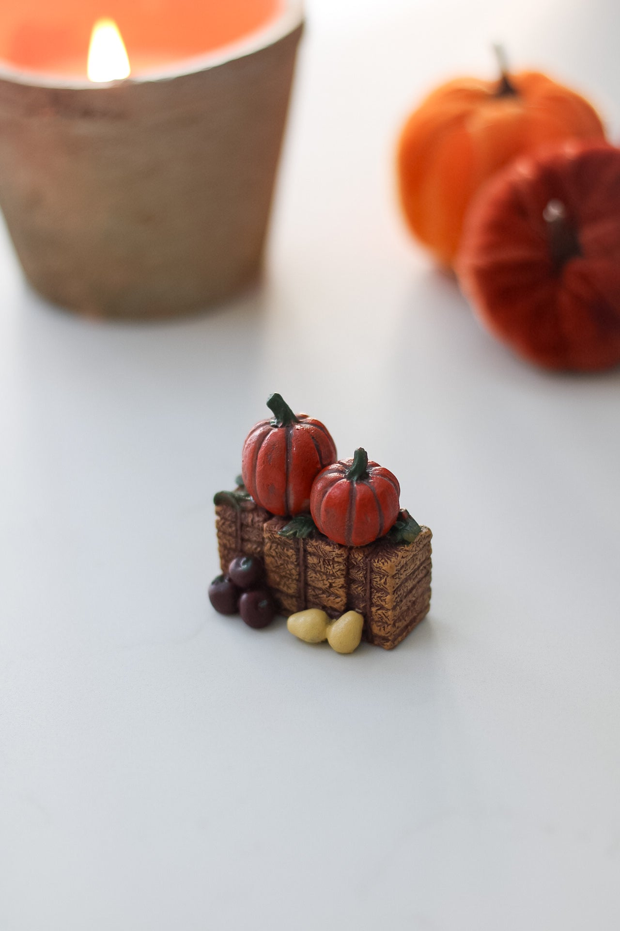 Decorative arrangement of pumpkins and gourds on a white surface with a candle in the background.