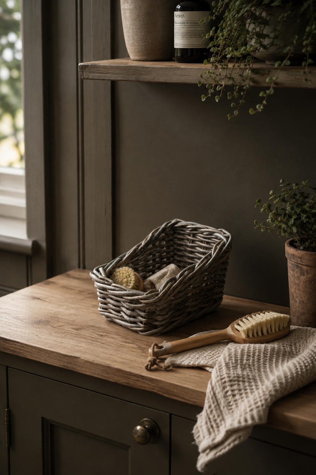 A woven wicker basket sits on a wooden countertop in a styled kitchen or bathroom setting, alongside a wooden brush and a textured beige towel. The background features a dark gray wall, a wooden shelf with a vase and plant, and a window on the left.