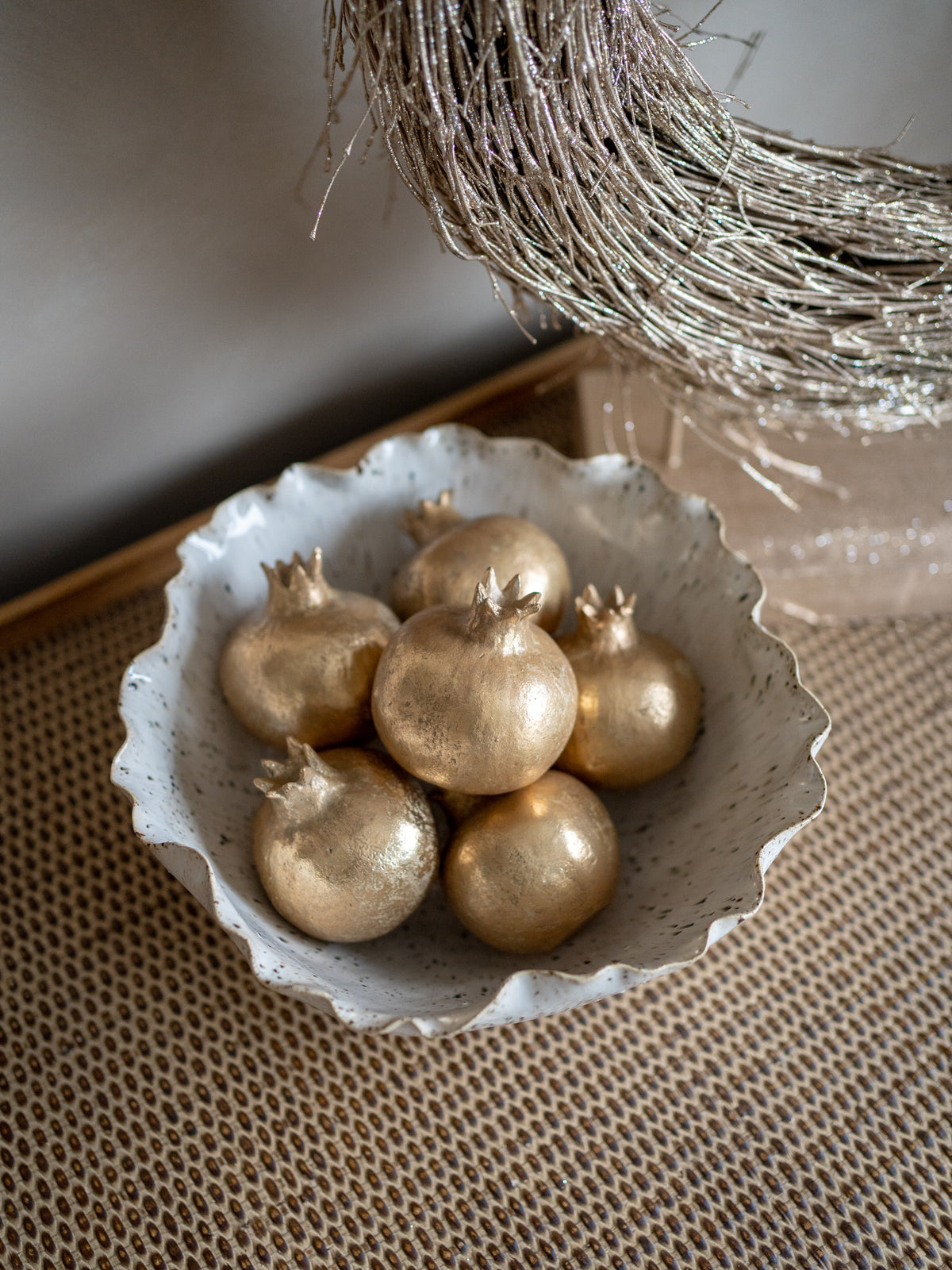 Speckled Reactive Glazed Bowl & Six Gold Pomegranates Styling Bundle