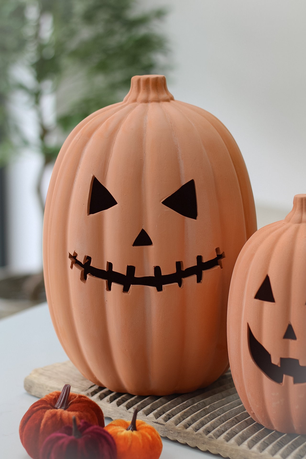 Tall Spooky Face Terracotta Pumpkin