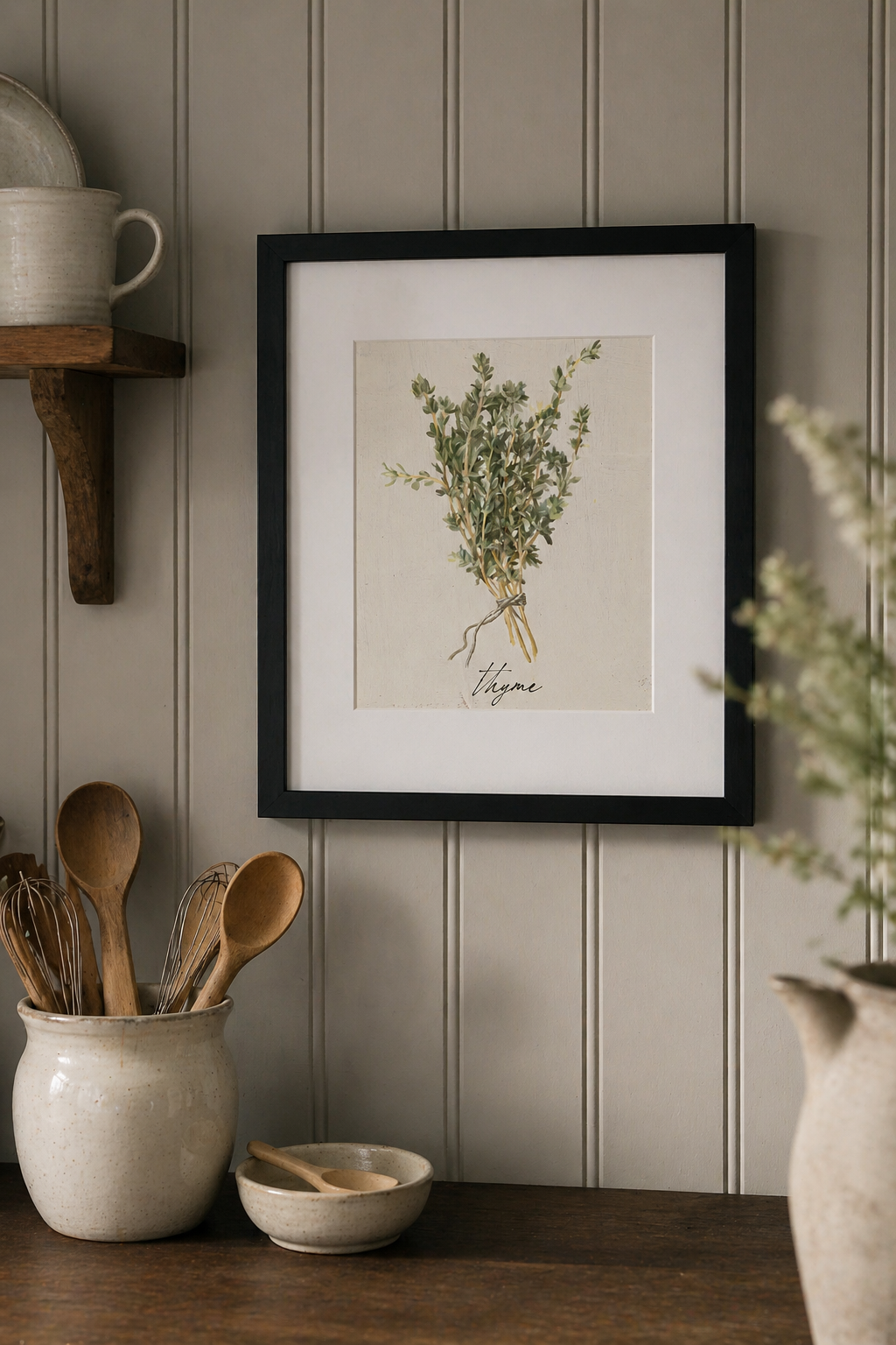 Thyme Cottage Herbs Framed Wall Art on tongue and groove panelled wall in modern country style kitchen