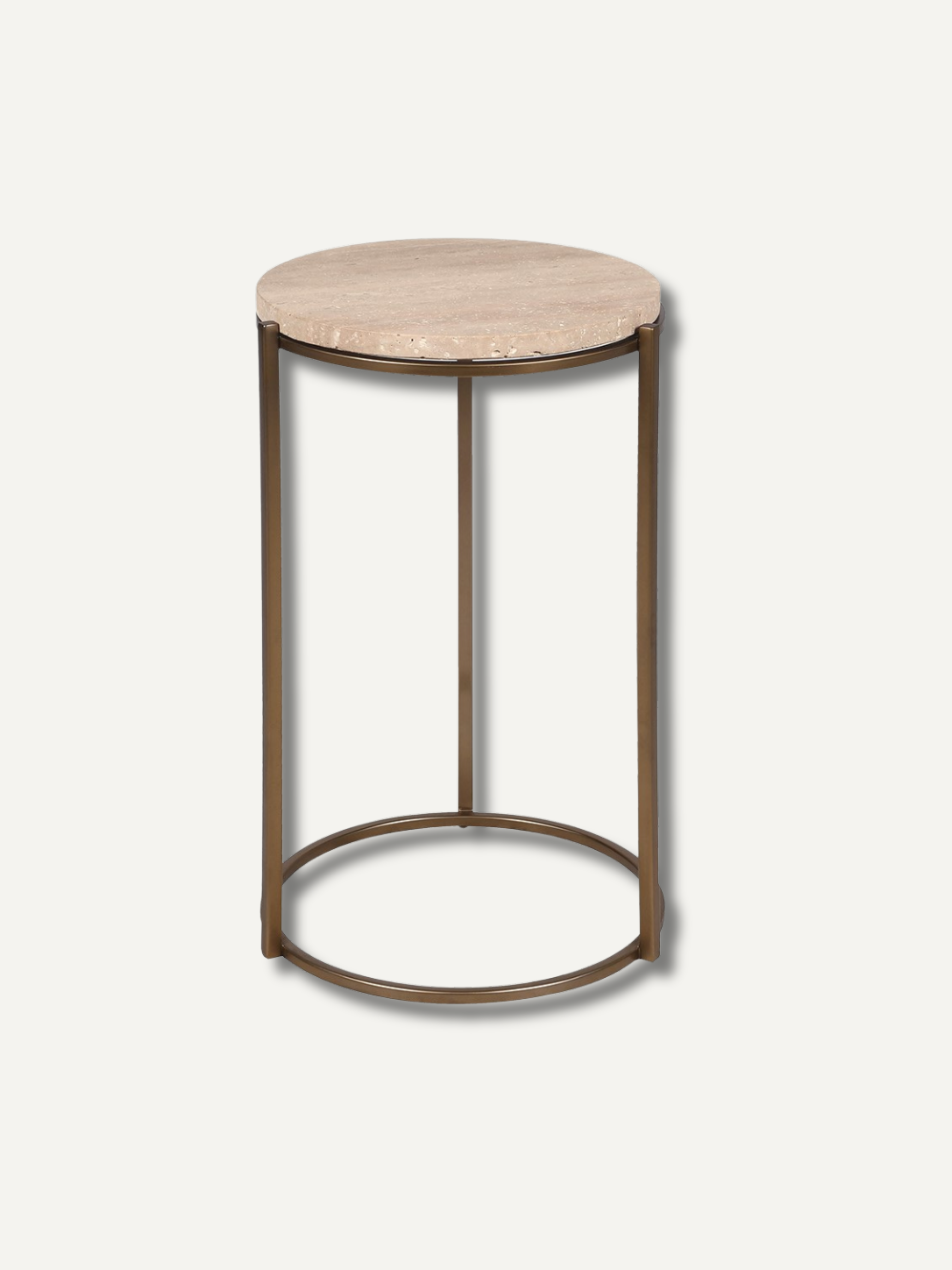 Small round side table with travertine top and bronze metal frame on a white background