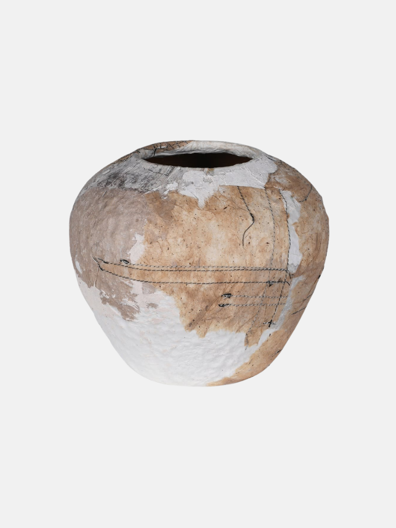 Aged-style ceramic vase with a weathered finish on a white background