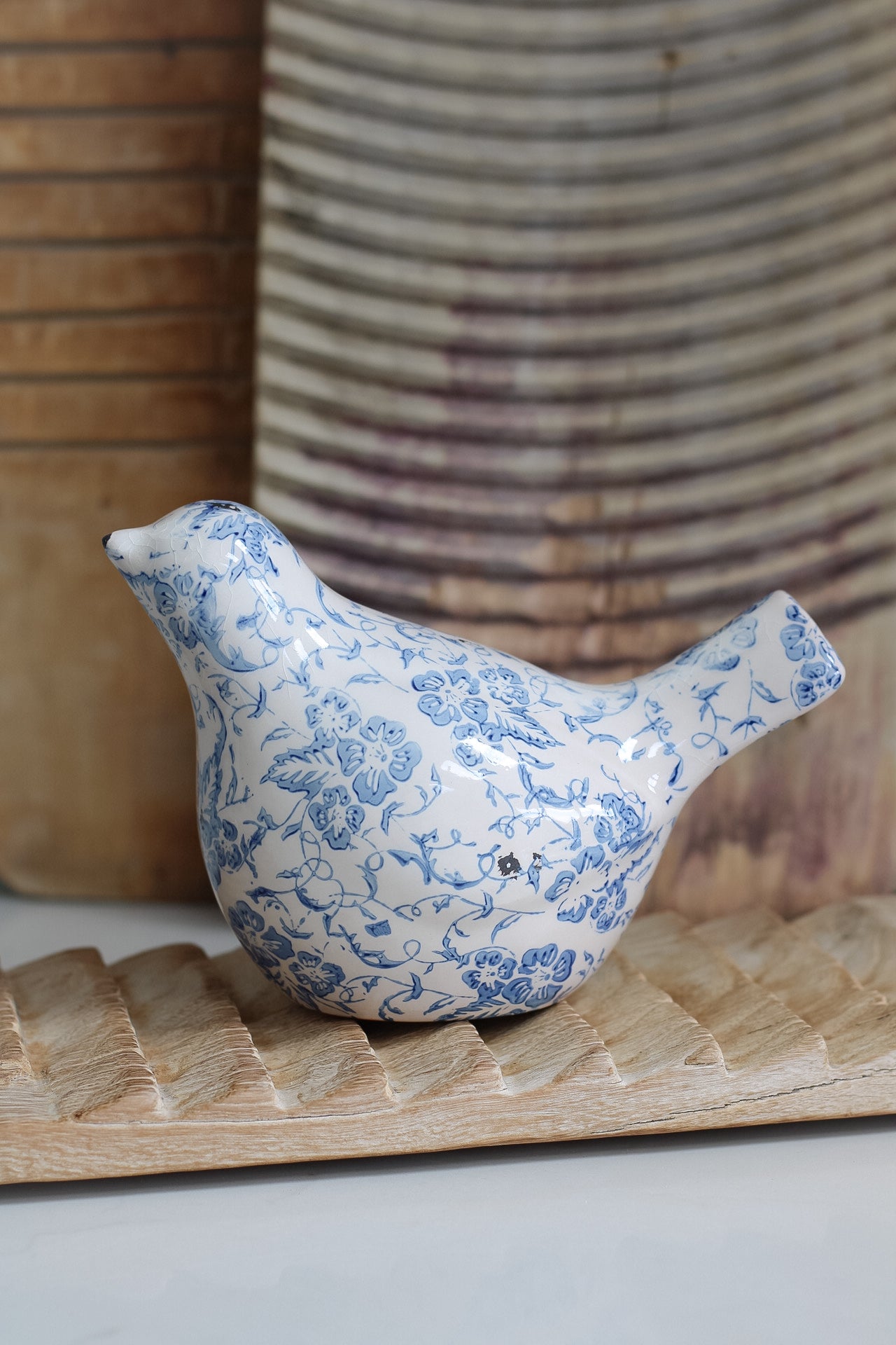 Vintage Blue Floral Ceramic Bird