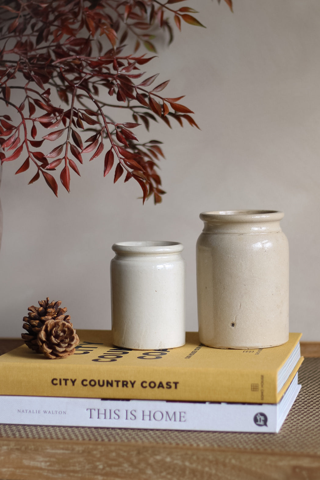 Two cream stoneware jars on a stack of books with a decorative branch and pine cone in the background.