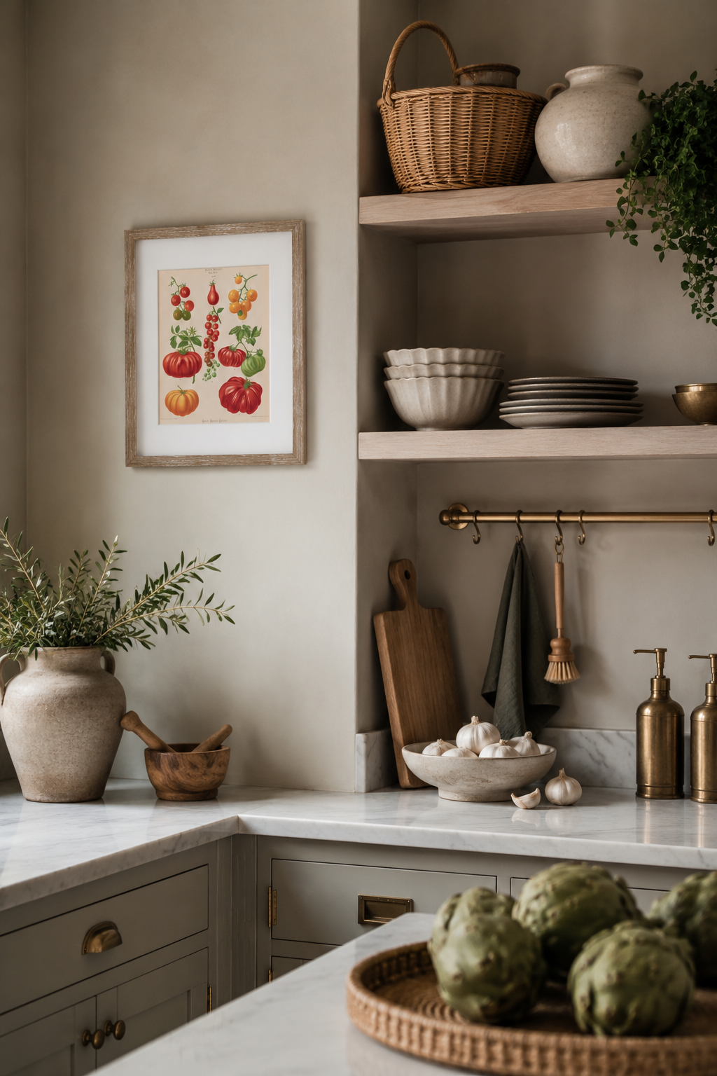 A framed botanical art print featuring colorful tomatoes and peppers hangs on a beige wall in a styled kitchen setting with wooden shelves, white dishes, and a marble countertop.