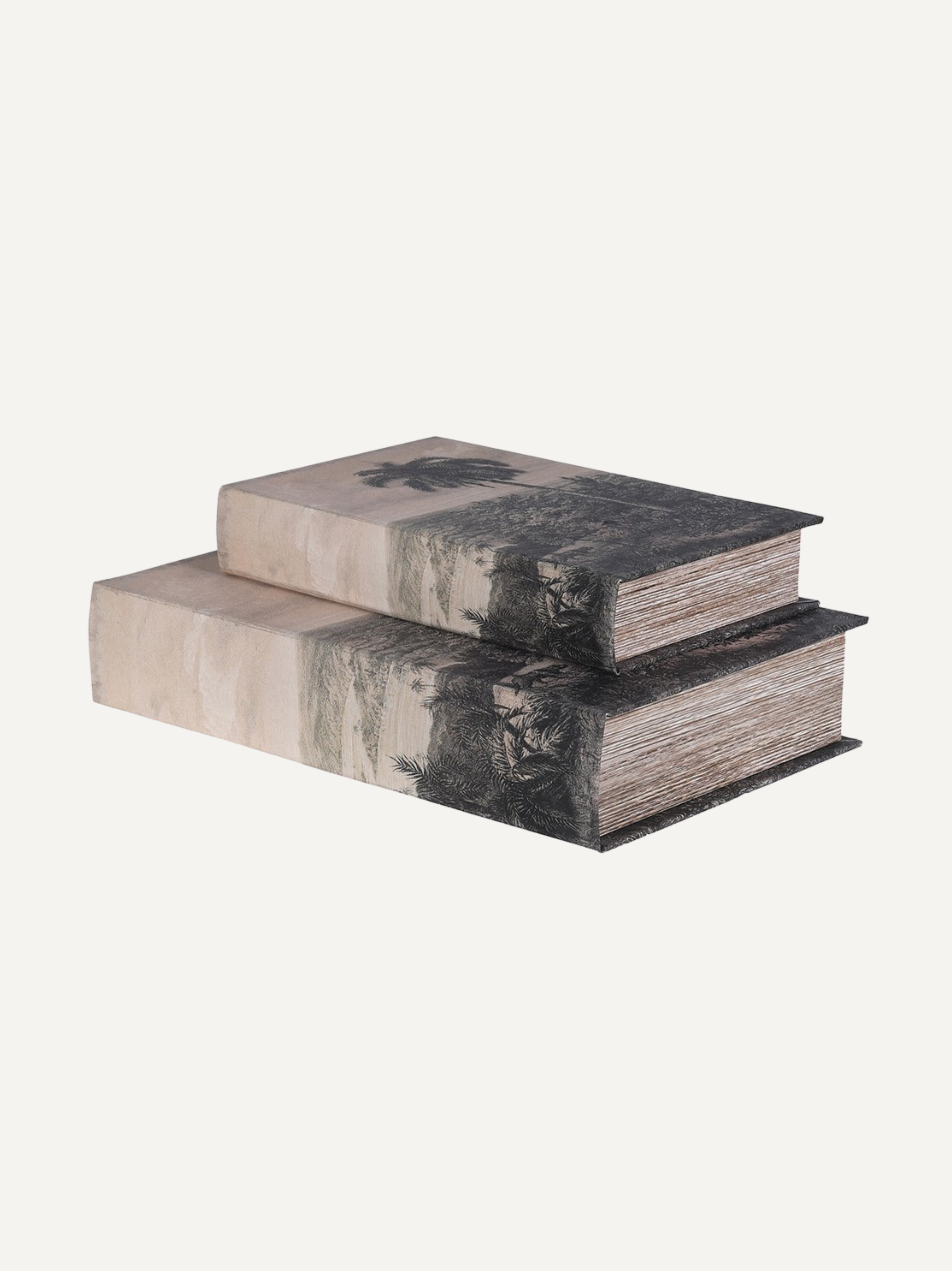 Two storage book boxes stacked on a white background with palm tree design