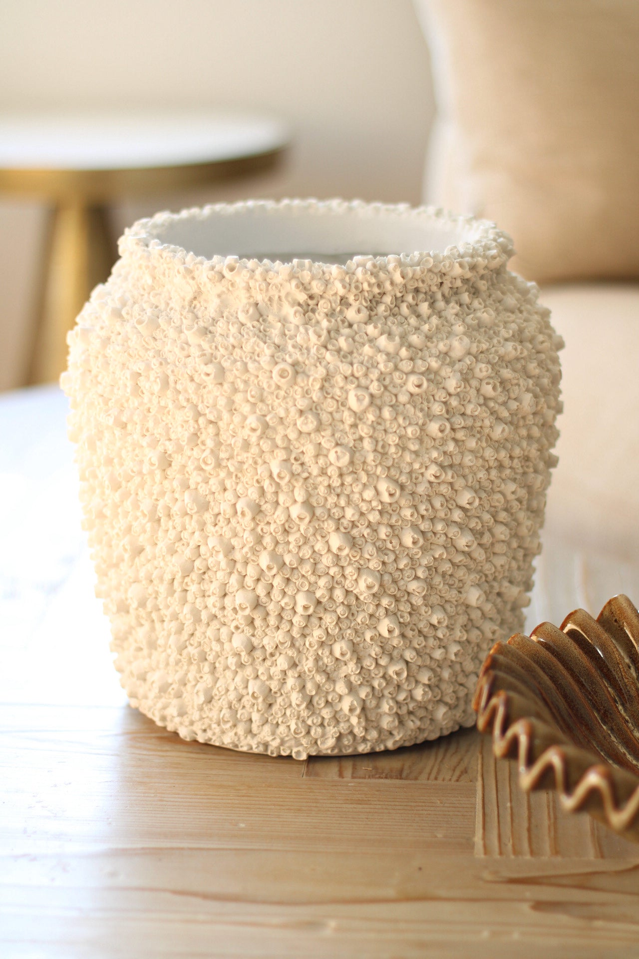 Textured barnacle white pot on a wooden surface with a blurred background