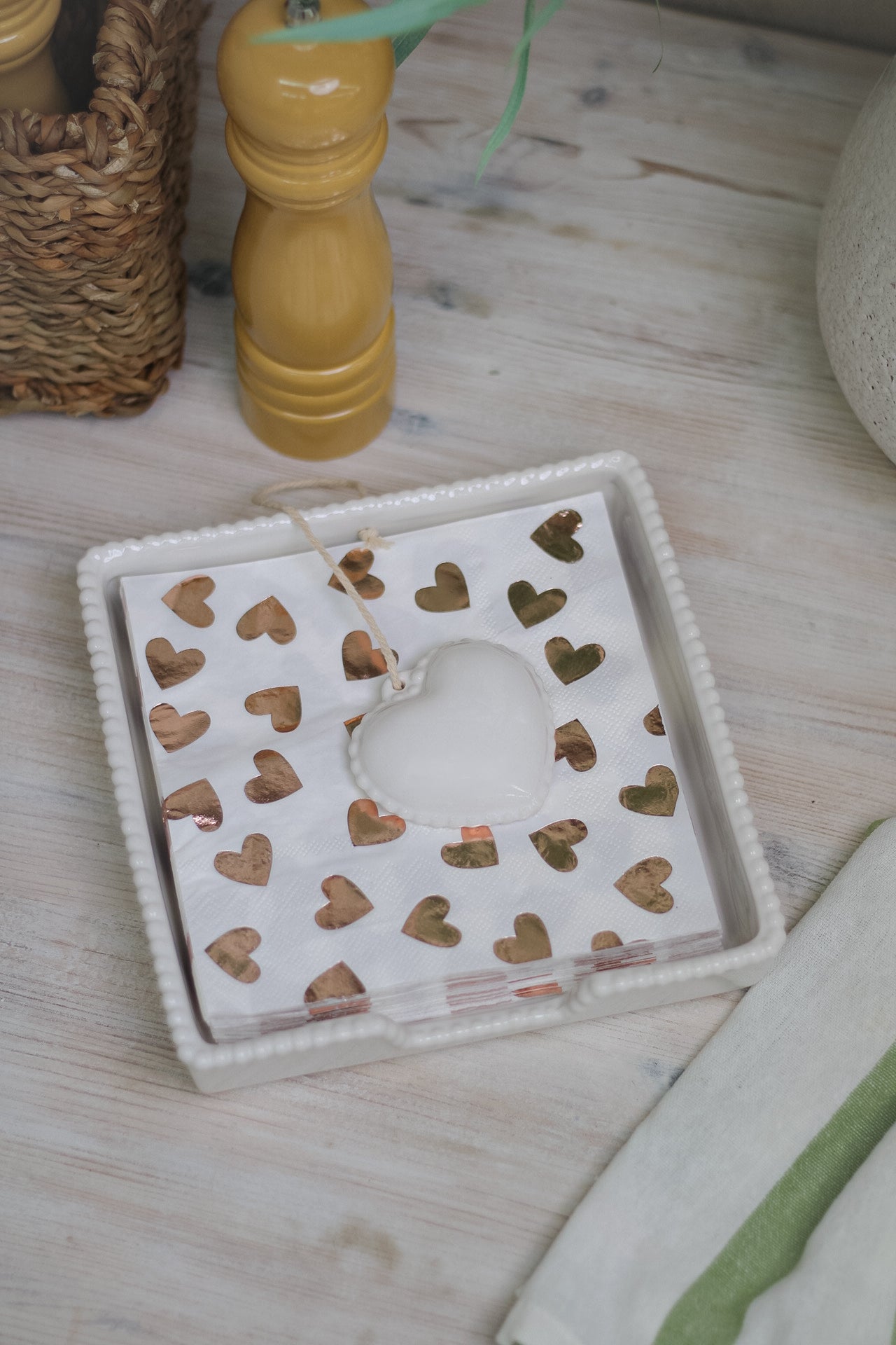 White Ceramic Beaded Napkin Holder with Heart