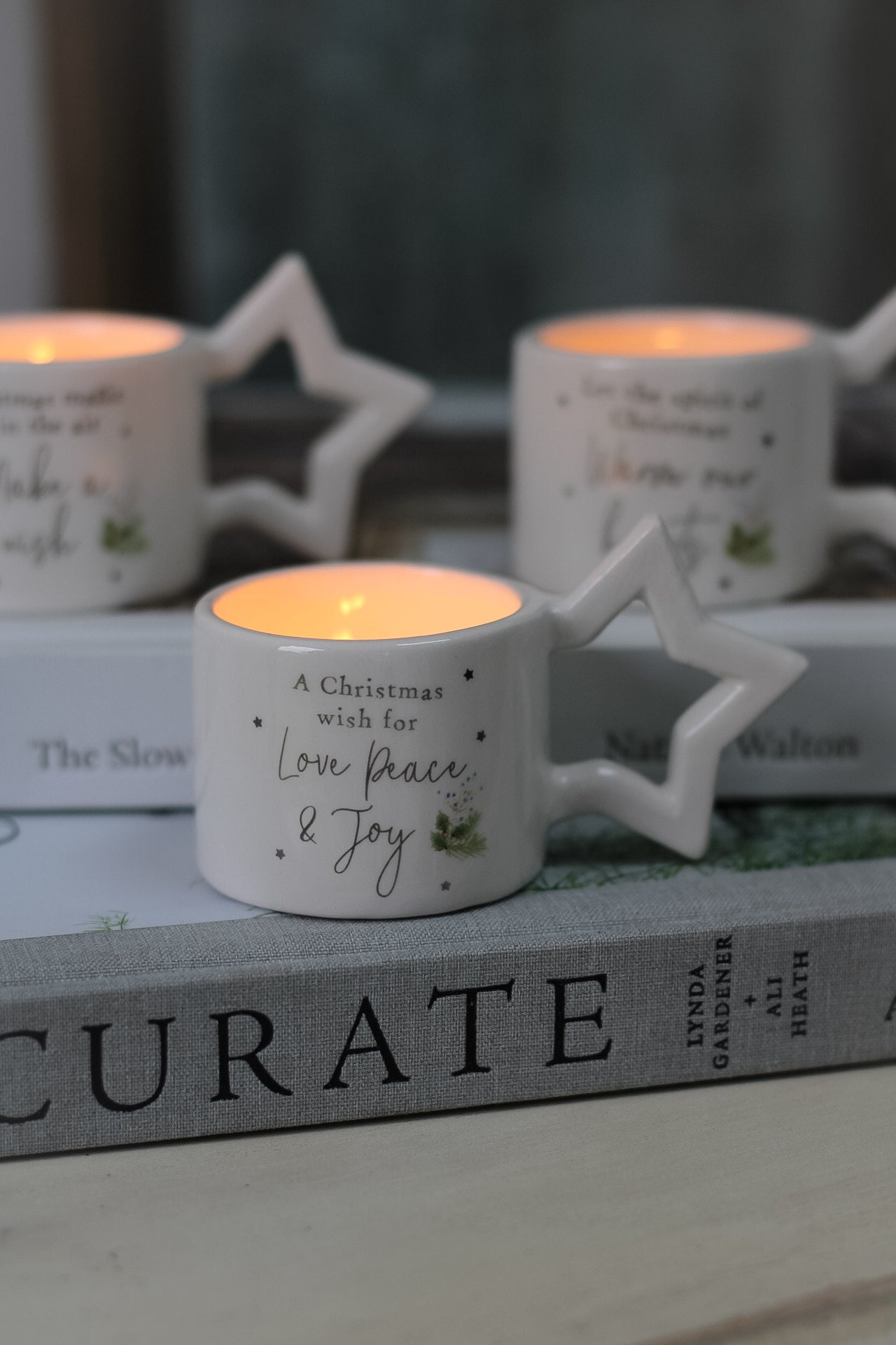 White Ceramic Christmas Tea Lights with Star Handle