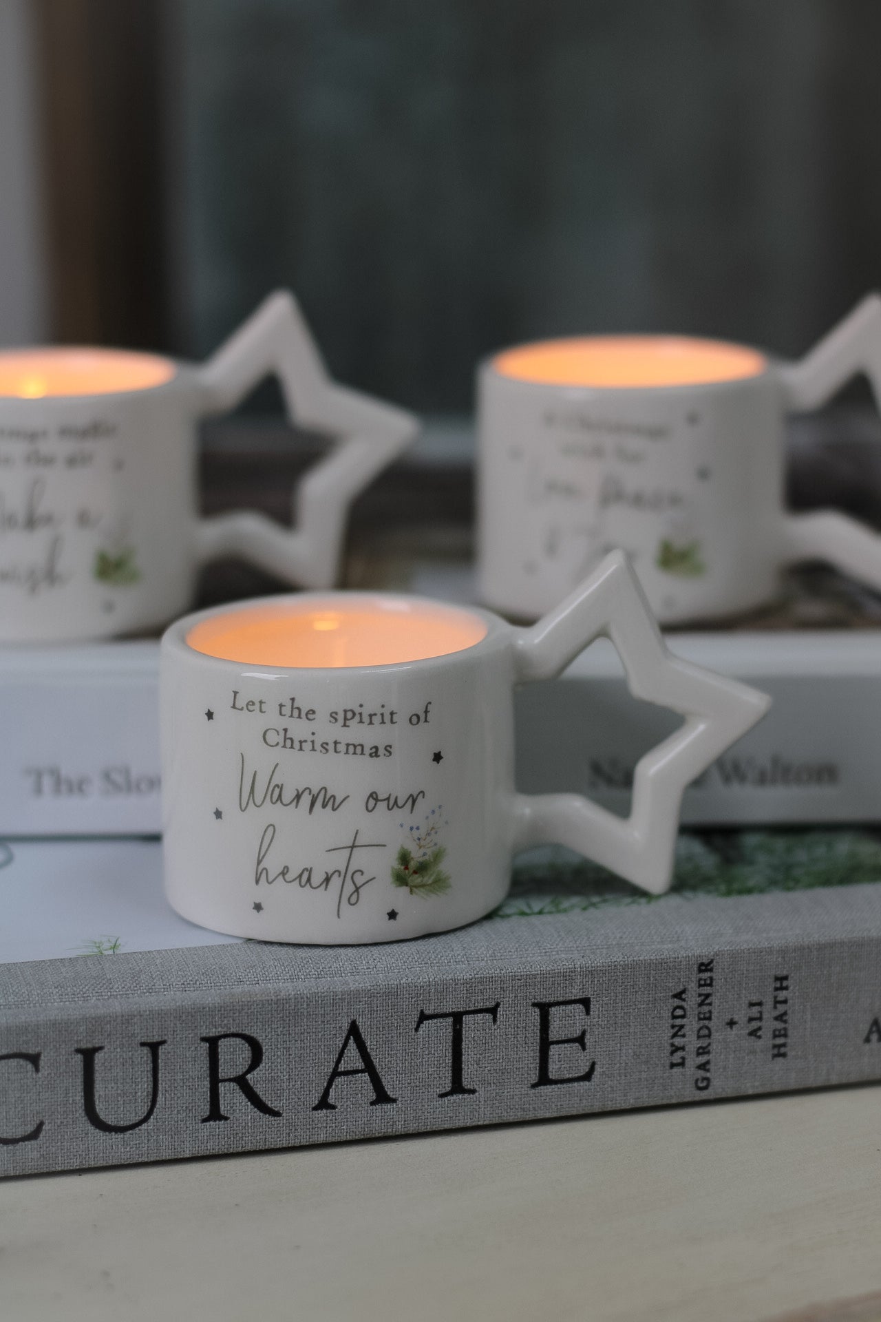 White Ceramic Christmas Tea Lights with Star Handle