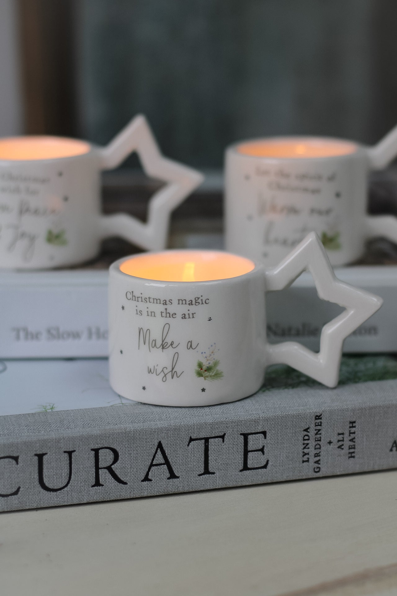 White Ceramic Christmas Tea Lights with Star Handle
