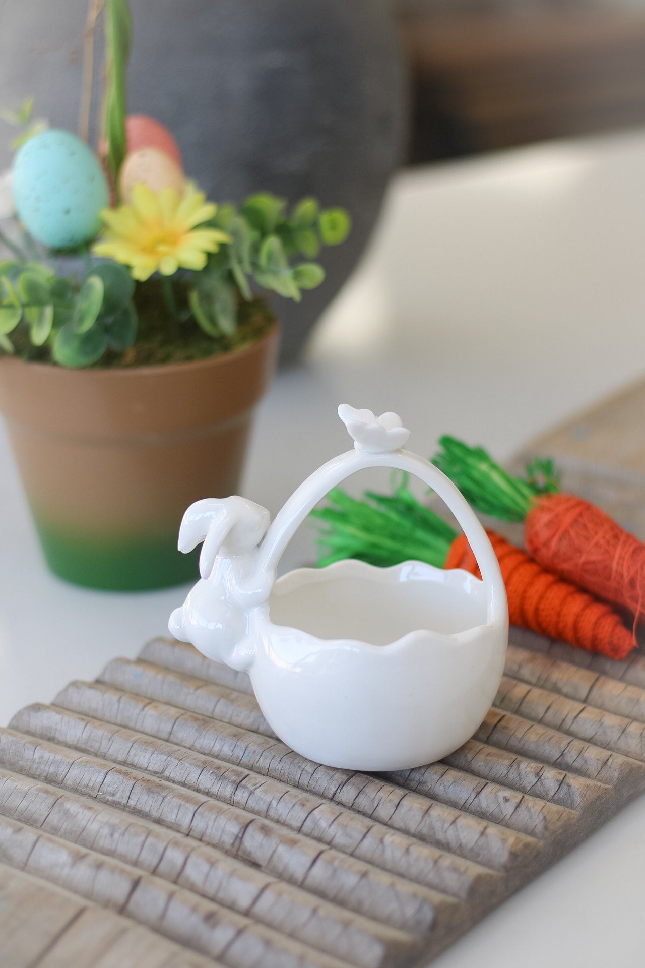 White Ceramic Posy Basket with Little Bunny