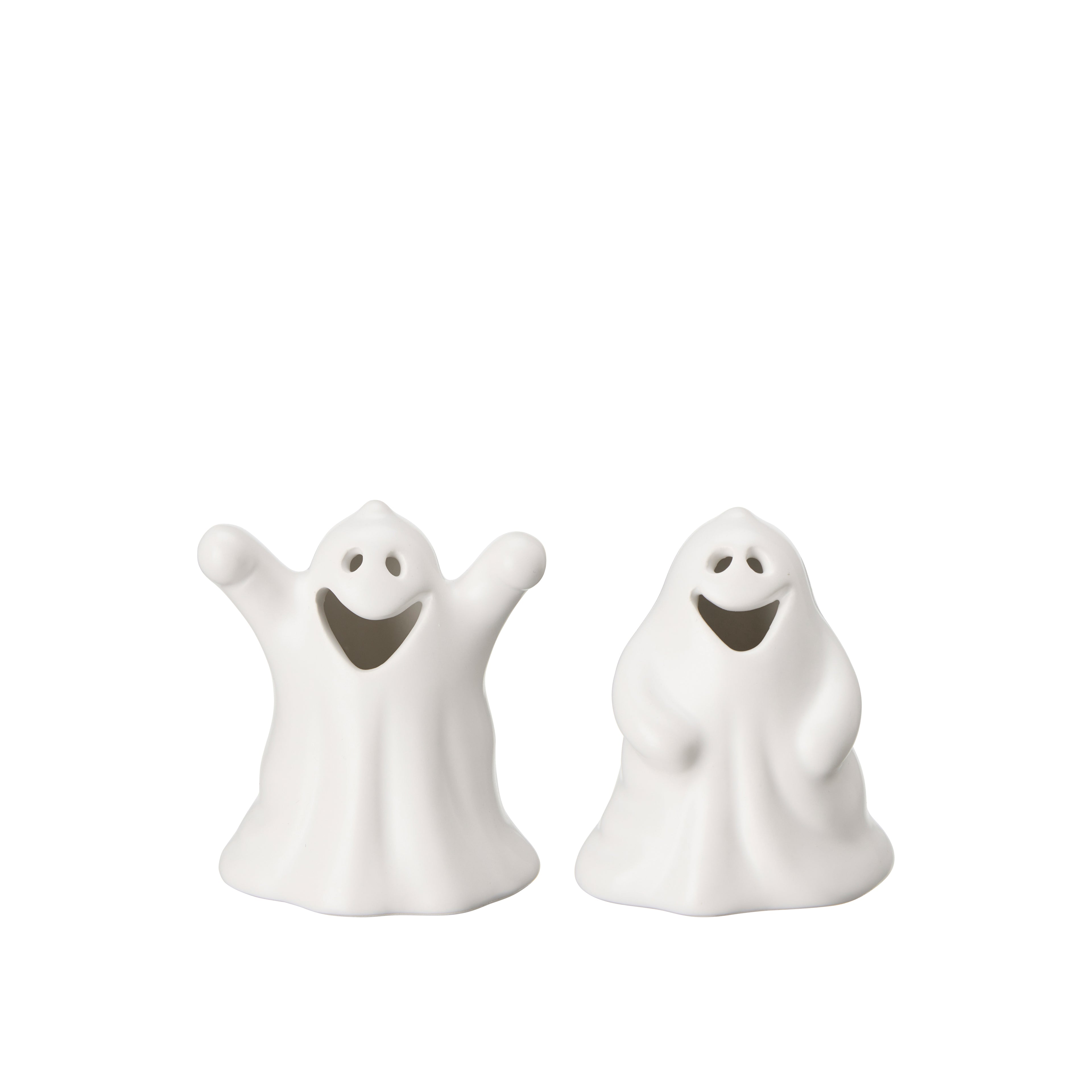 Two white ghost figurines on a white background