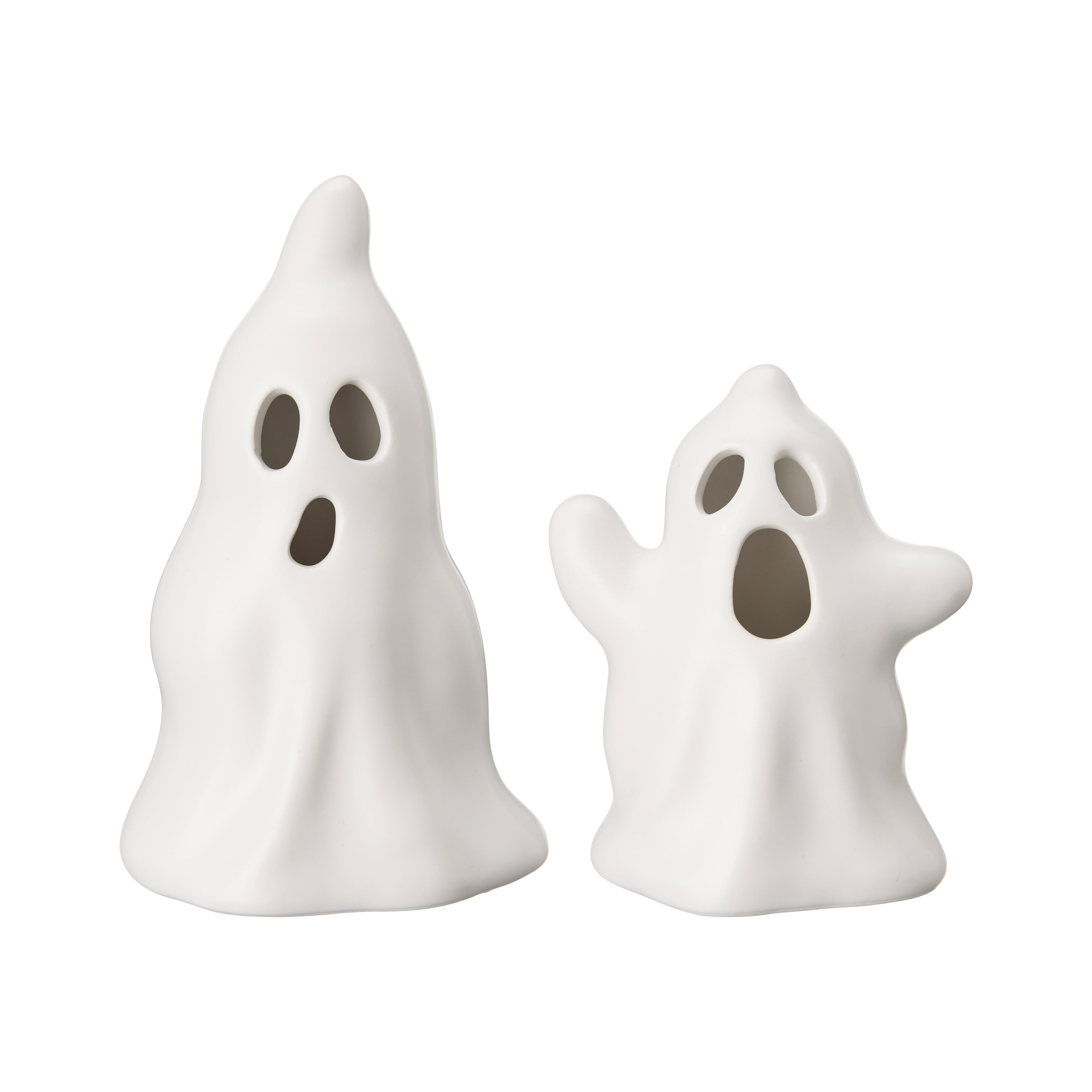 Two white ghost-shaped ceramic figures on a white background