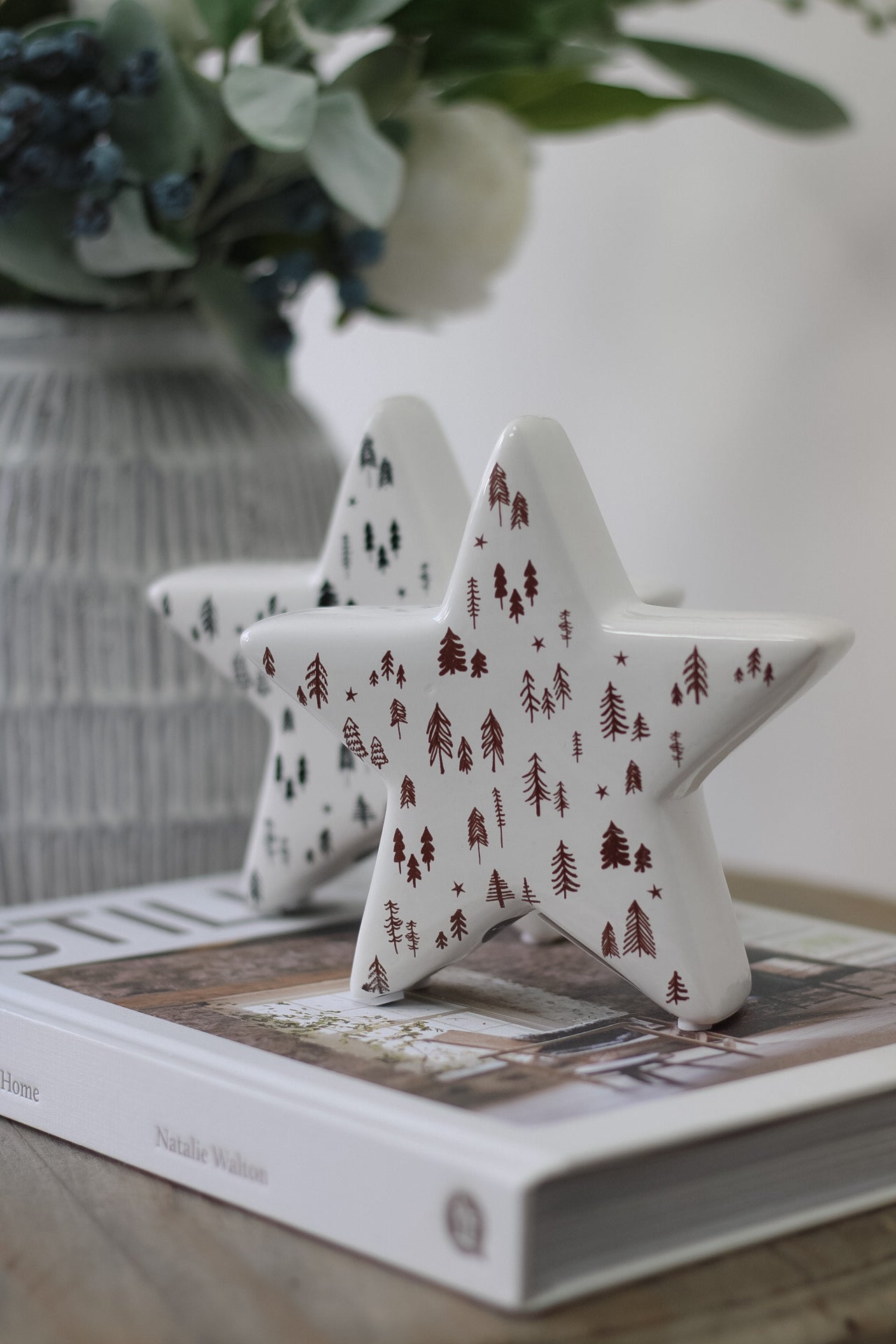 White Ceramic Stars with Brown and Black Trees