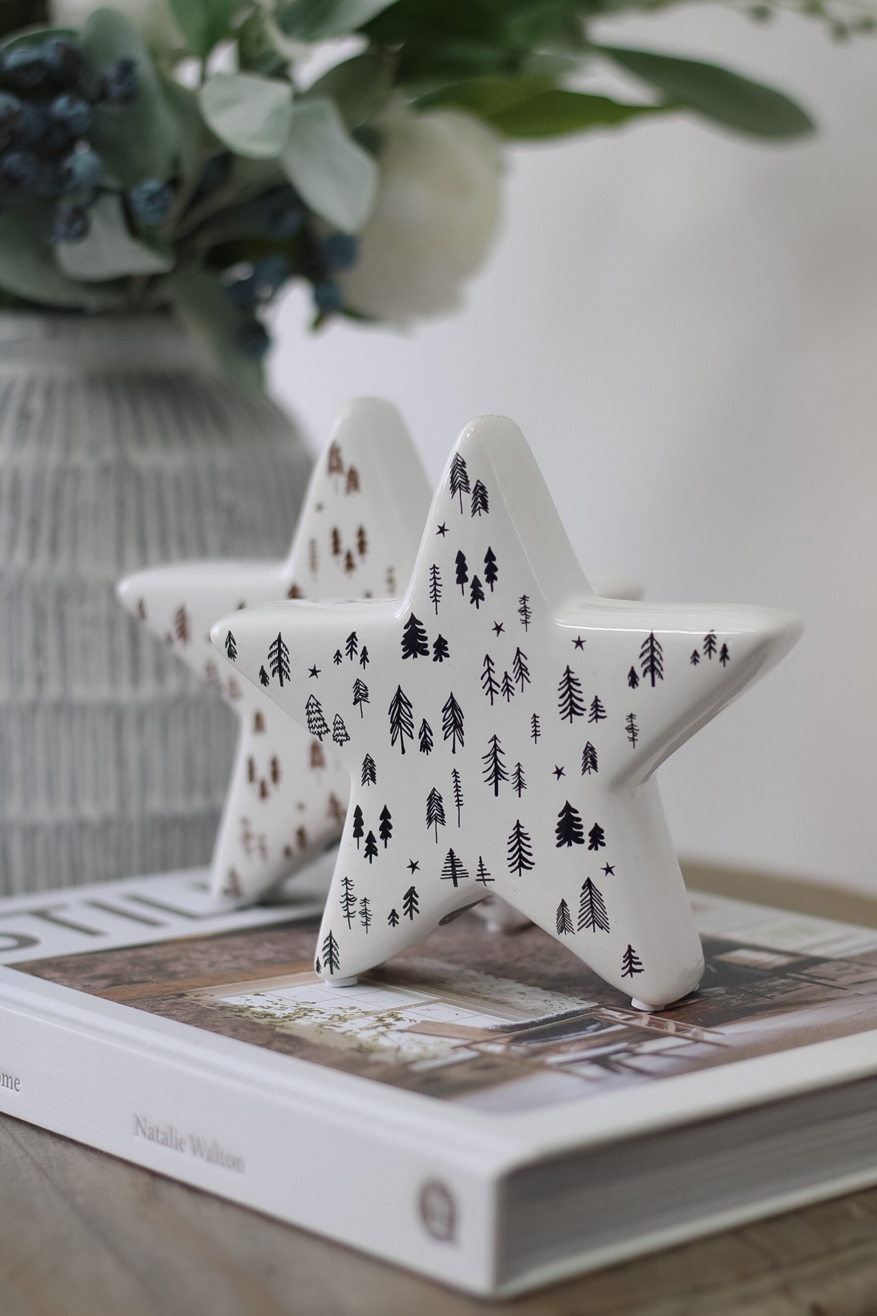 White Ceramic Stars with Brown and Black Trees