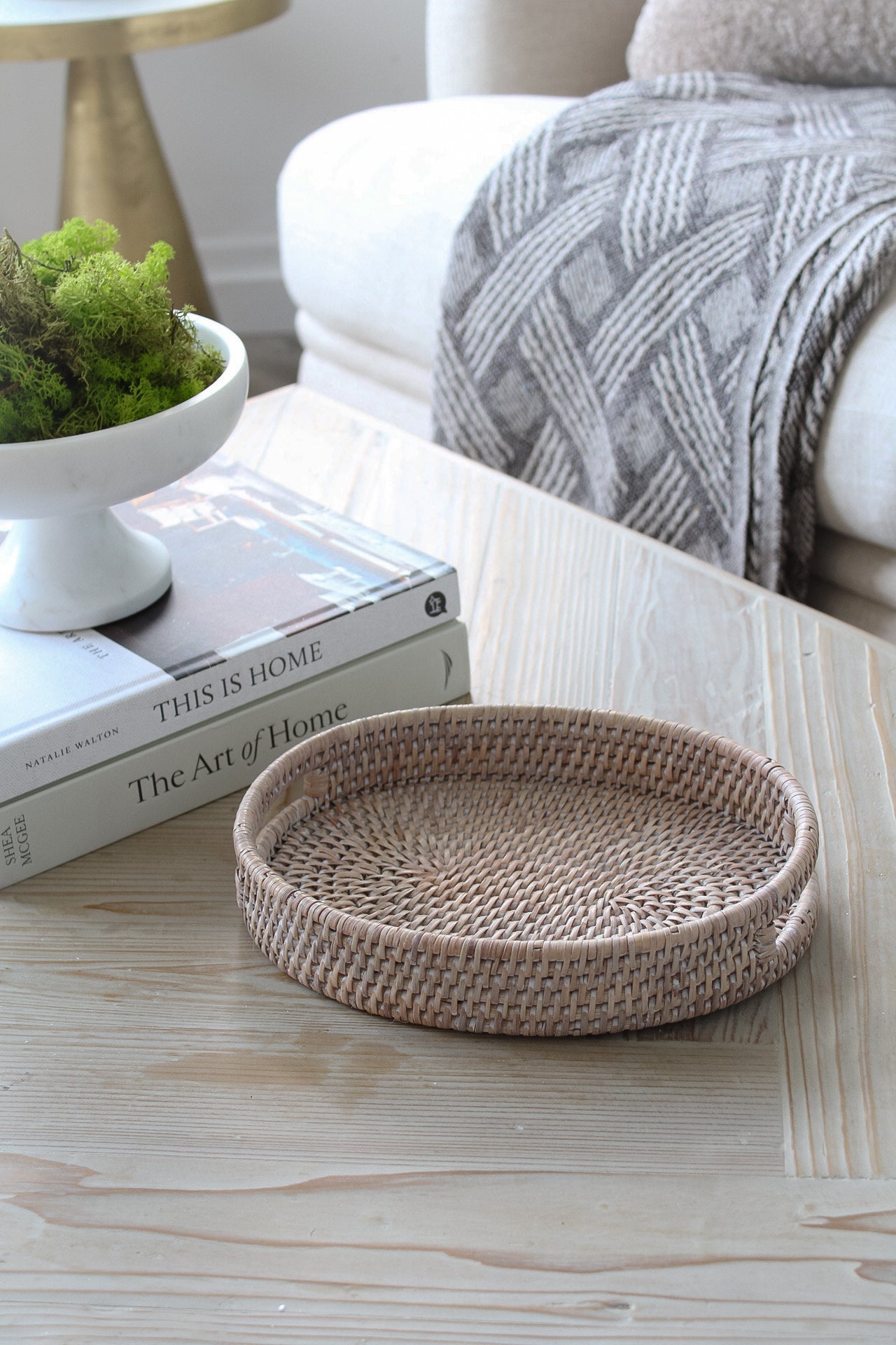 White Washed Natural Rattan Small Oval Tray
