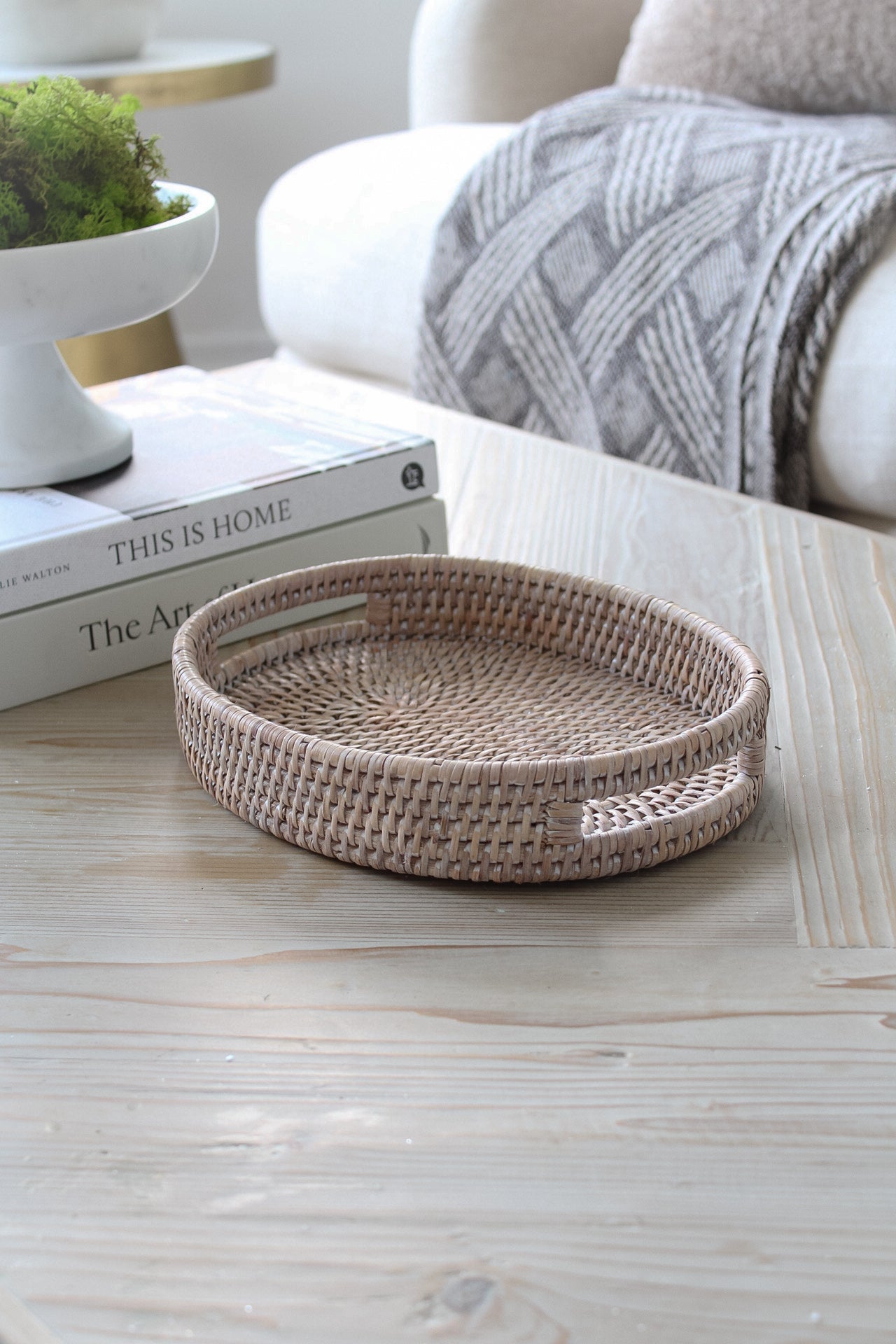 White Washed Natural Rattan Small Oval Tray