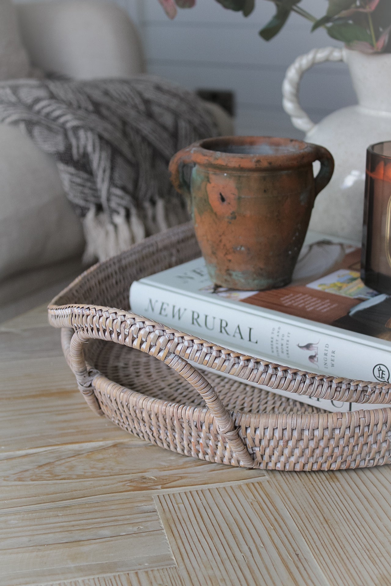 White Washed Natural Rattan Tray With Handles