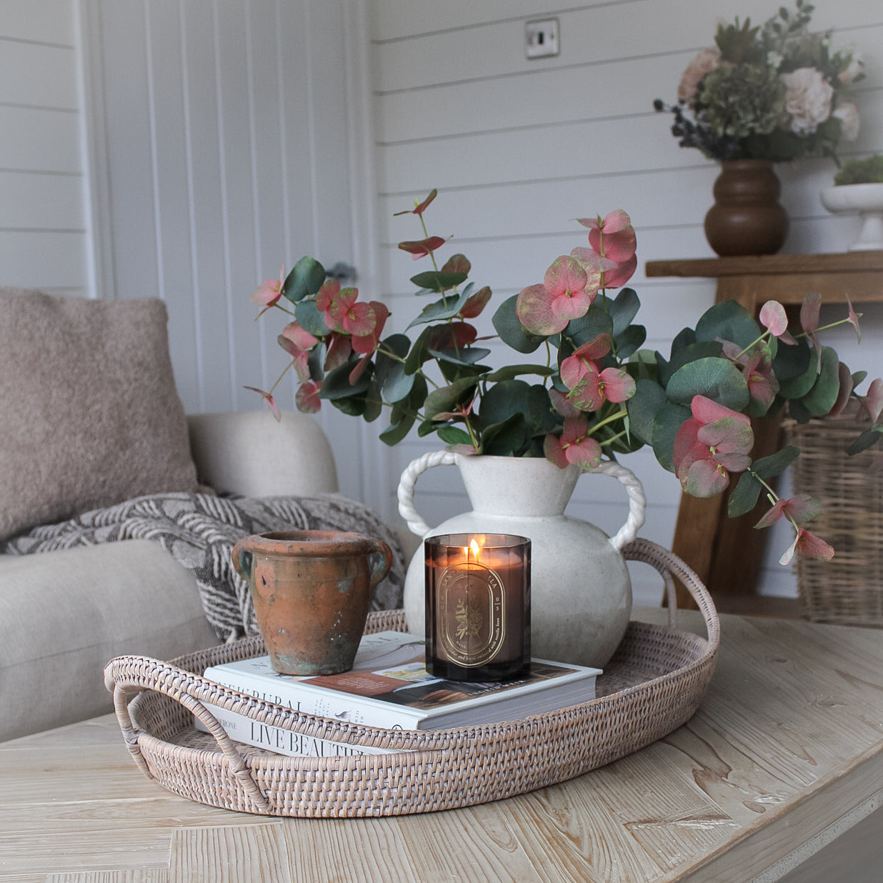 White Washed Natural Rattan Tray With Handles