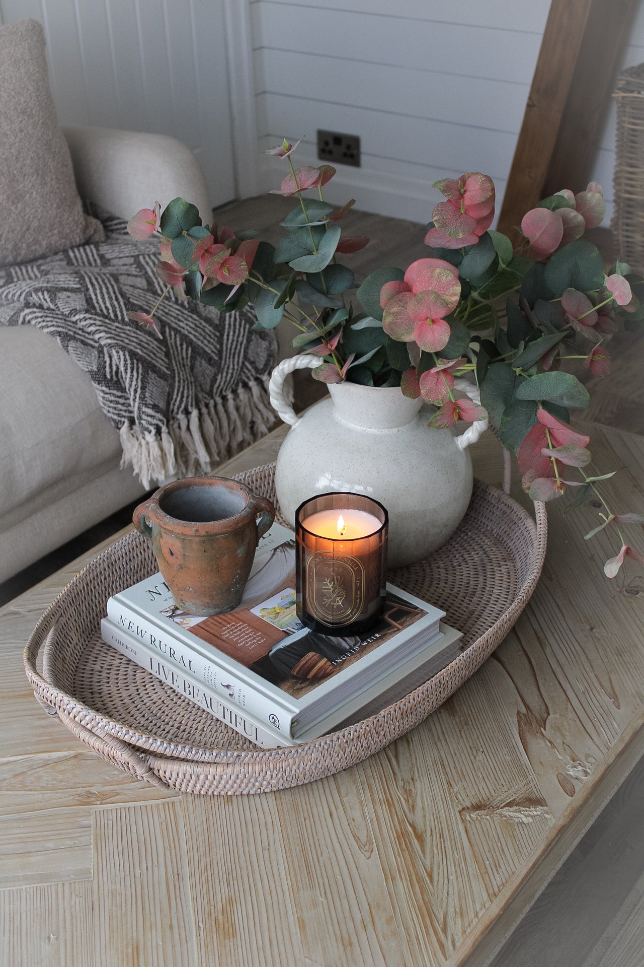 White Washed Natural Rattan Tray With Handles