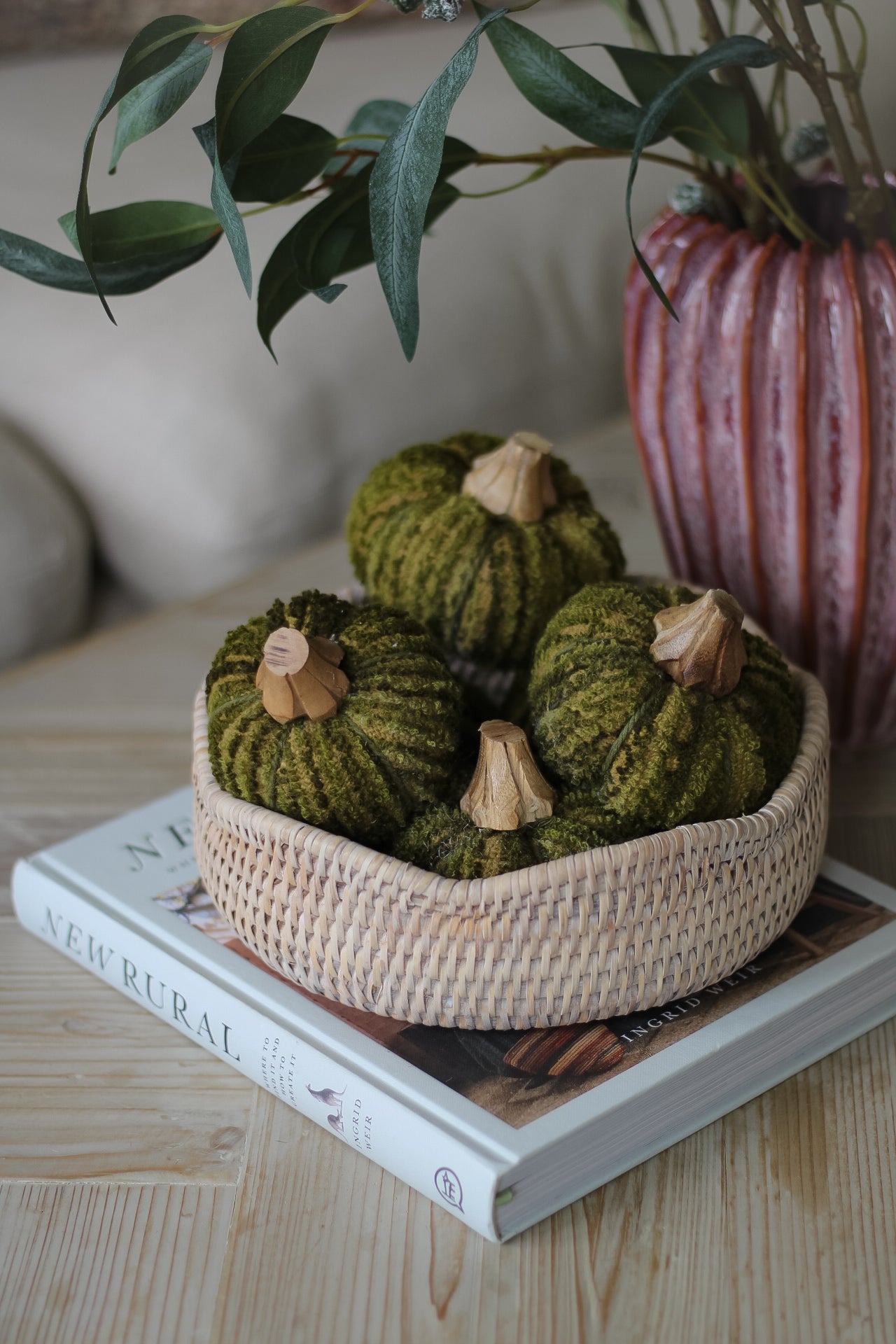 White Washed Rattan Scalloped Decorative Bowl